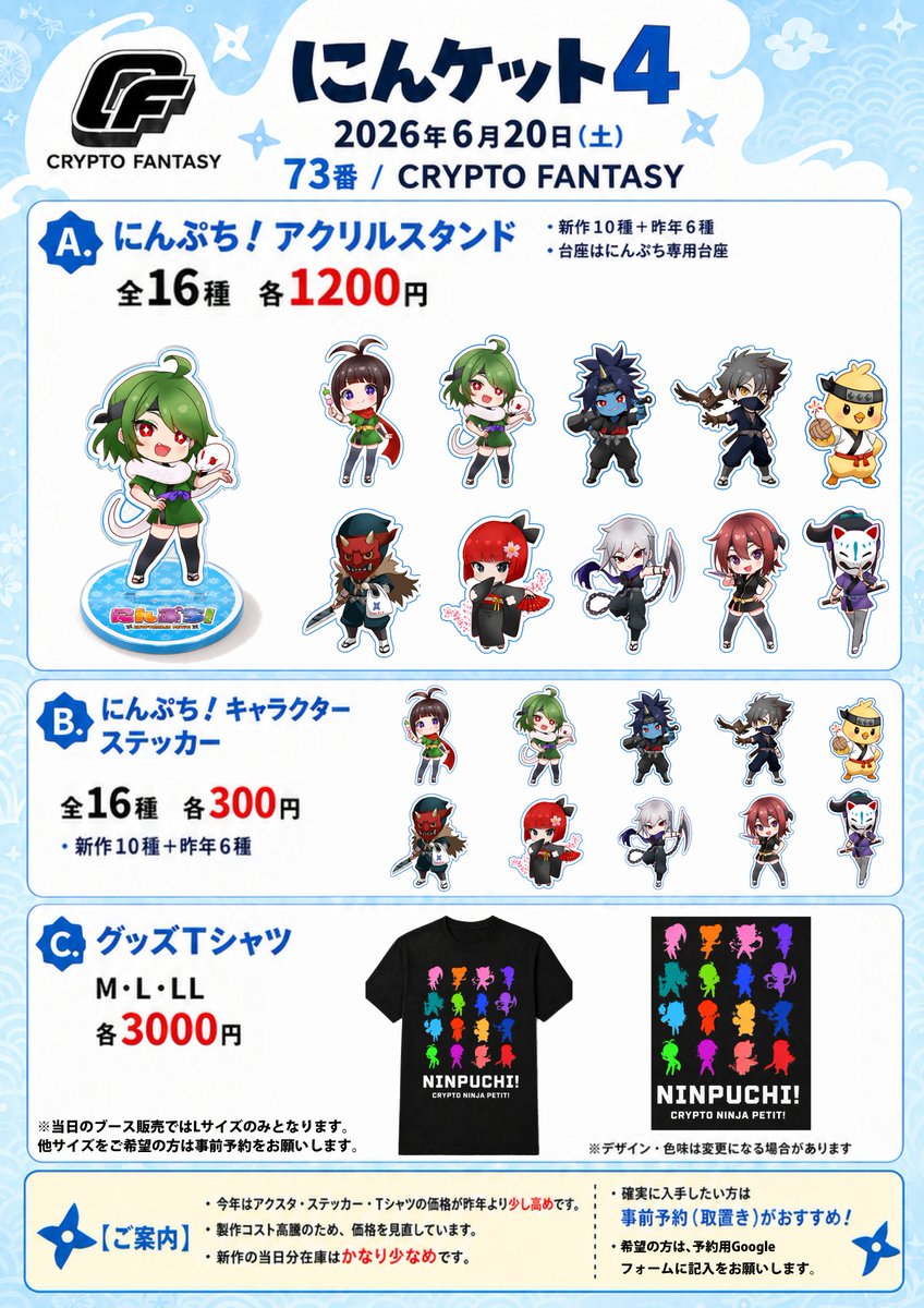 CF_NINJADAO's tweet photo. 2/5

事前予約を実施しておりましたラインナップ📝

にんぷち！新デザインキャラクターが追加された
「アクリルスタンド」＆「ステッカー」

にんぷち！キャラのシルエットがデザインされた
「Ｔシャツ」

新デザインがめっちゃかわいい🥰

それぞれ少量ですが在庫もあります！！ https://t.co/n5Nk6o7ovM