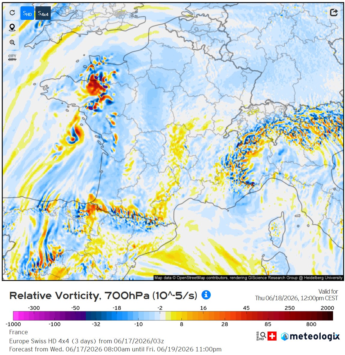Finntie2's tweet photo. [1/2] Thursday, a region of spin in the air caused by convection in Spain on Wednesday will makes its way through the Bay of Biscay into NW France. 
This is likely to create enough lift to make use of the cape that is available. https://t.co/Zd663vGqmd