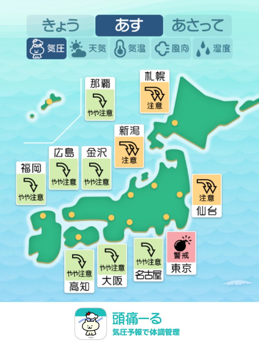terunekootenki's tweet photo. 【頭痛ーるの天気頭痛予報】
6/18(木):https://t.co/6ZV9BUnnEh
「北～東日本は気圧変化が大きく注意。気温高く蒸し暑い」

📈気圧変化
気圧は北日本と東日本は低下が大きくなるでしょう。気圧の変化に影響を受けやすい方は特に注意してください。

🌤天気傾向
東北南部から九州にかけては、晴れ間の出る所もありますが、雲が広がりやすく雨の降る所があるでしょう。太平洋側では雨脚の強まる所があるでしょう。

🌡気温傾向
全国的に気温は高く、最高気温は28～32℃前後まで上がる所が多い見込みです。湿度が高く、実際の気温以上に蒸し暑く感じられるでしょう。こまめな水分補給や適度な休憩を意識してお過ごしください。

#頭痛ーる #気圧マップ #ずつーる