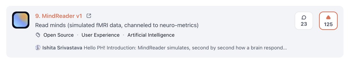 CassiniRes's tweet photo. Top 10 out of 750+ launches on Vercel Day? We'll take it. 🤯
Yesterday, MindReader v1 locked in the #9 spot on Product Hunt with 125 upvotes, and the energy has been unreal.
If you haven't seen what we’re building at Cassini Research yet: MindReader v1 lets you paste in your pitch deck, ad copy, or sales emails, and literally simulates how a human brain responds to it - region by region.
No actual brain scanner required. We mapped this out using neuroscience models built on 35 years of fMRI research to give you immediate, actionable neuro-metrics. Stop guessing if your copy hits and start seeing how the brain actually processes it.
We’re also openly inviting academics to come stress-test our results - let’s see how far we can push this.
Check it out here: https://t.co/VtKavCekcm 🚀
