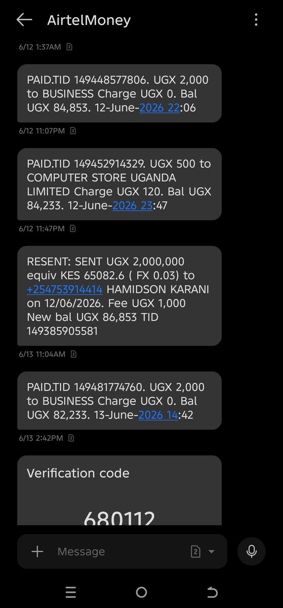 ANakiyuka85748's tweet photo. I wanted to bring this to your attention that Airtel is at it again, taking people's money without their consent. 

Last week on the 12th, 3:34am in the morning, a transaction was made from my line, that took 2m, and sent it to  a Kenyan Safaricom line. I never noticed a transaction was made the next day, because no message was sent to my line. 

Until I bought some minutes the next day, that's when I saw the balance was less by 2m, I called their customer care, they made it clear to me that I actually sent the money my self at 3am in the morning to the Kenyan line. 

I went to their service center on Saturday, these centers are very useless, full of arrogant and "don't care" Humans. 

I was referred to Bugolobi at their appeal center, I don't really expect much from them. 

Is there anyway we can publicly call for their action? 

Shall be very Greatiful. 

Kind regards
 Hello @Airtel_Ug , this information is from my inbox...I thought you guys had stopped taking people's money anyhow
