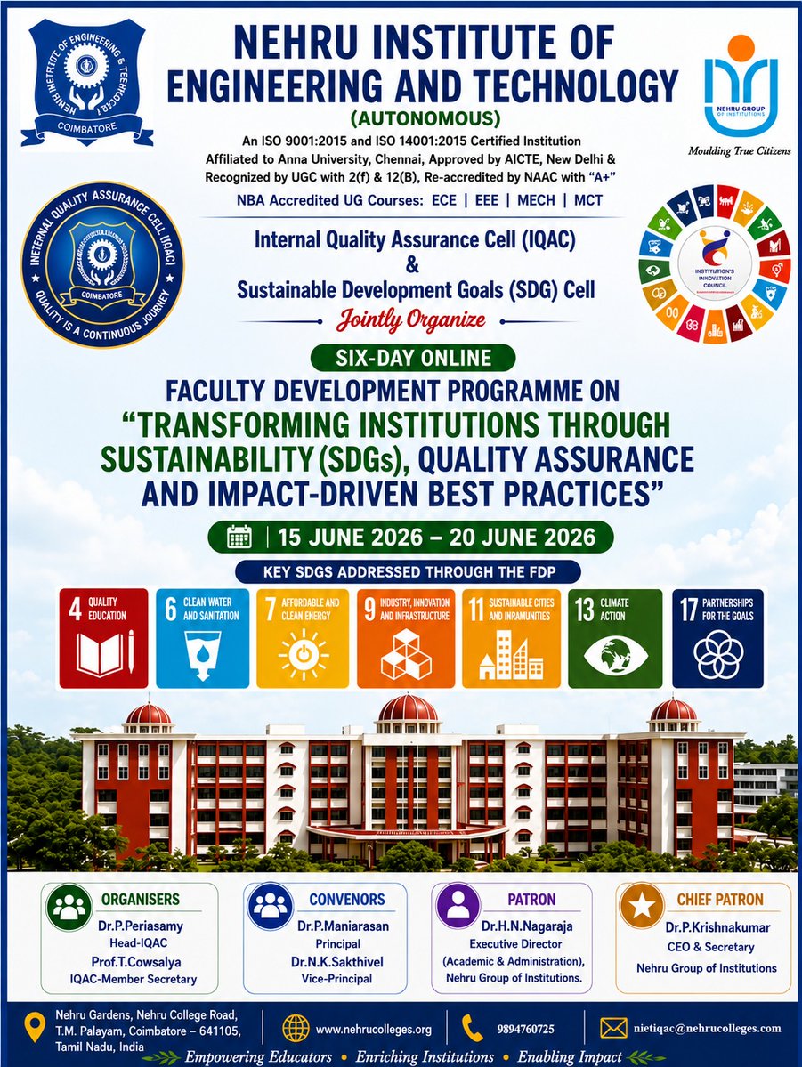 ChavaliM's tweet photo. Delivered Session in 6-Day Online FDP on “Transforming Institutions through Sustainability (SDG), Quality Assurance and Impact-Driven Best Practices”
Session : Research, Innovation and Extension Activities for SDG Achievement
Talk on SDGs-based RESEARCH and INNOVATION
17 -6-2026 https://t.co/ZDNJ0QVKKb