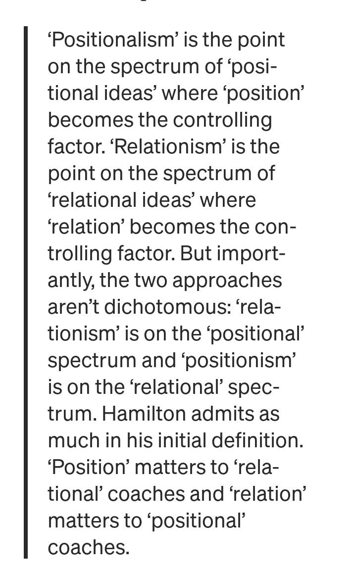 statocastgaurav's tweet photo. For those exploring the concepts as Jamie Hamilton wrote:

POSITIONISM: where all possible relations are a function of positions

RELATIONISM: where all possible positions are a function of relations

You can read my full article on Positionism vs Relationism in my pinned tweet or here: https://t.co/4UAbKq9FP3

Both Positionism & Relationism are NOT mutually exclusive but here's a detailed rundown of terms...

Positionism (Positional Play)

Positionism prioritizes space as the primary reference point. The pitch is treated like a grid or map divided into zones/sectors. Players are assigned or encouraged to occupy specific positions or areas, and the team's structure is built around controlling and exploiting those spaces rationally and systematically.

Core ideas:
-Structure comes first. The coach designs a positional framework (e.g., specific shapes in build-up, midfield, and attacking phases).
-Players occupy designated zones and make relatively small, structured movements within or between them.
-The ball moves to the players in their positions (famously paraphrased from Pep Guardiola: “the players don’t move, the ball moves to the players”).
-Emphasis on repetition, automations, clear passing lines between zones, and creating superiorities through positioning rather than individual improvisation.
-Organization is largely top-down and pre-defined: principles are taught so players know the "correct" or rational way to occupy space.

This approach aims for control, predictability, and efficiency through spatial discipline. It became dominant in much of Europe thanks to influences from Johan Cruyff, Arrigo Sacchi, and especially Pep Guardiola’s Barcelona and later teams. The classic juego di posicion or positional play 

Typical characteristics:
-Zonal attacking and defending structures.
-Equidistant or rational spacing.
-Players often "wait" in positions for the ball or make prescribed rotations.
-Strong rest-defense (structured shape when attacking).

Examples: Pep Guardiola’s Manchester City, Mikel Arteta’s Arsenal, many modern high-pressing European sides.

Relationism (Relational / Functional Play)

Relationism flips the priority: relationships between players, the ball, teammates, and opponents come first, and positions emerge from those relationships in real time.

Instead of starting with a fixed spatial structure, the team organizes through dynamic interactions. Players move fluidly based on connections, creating local overloads, combinations, and patterns that arise organically rather than being pre-scripted.

Core ideas:
-The ball and player relationships are the primary reference points.
-Organization is more emergent and bottom-up — it "becomes" through play rather than being imposed from the start.
-Players actively move toward the ball or each other to create connections (e.g., clustering/tilting on one side of the pitch).
-Greater emphasis on intuition, real-time communication (gestures, signals, timing), and adaptability.
-Less concern with perfect zonal spacing; more focus on proximity, asymmetry, and functional movement.

Relationism embraces a degree of fluidity and even controlled chaos, trusting players to solve problems through their relationships rather than strict positional rules.

Typical characteristics:
-Non-zonal or fluid attacking organization.
-Players "gather" or tilt toward the ball to create overloads.
-Frequent use of patterns like toco y me voy ("pass and move"), tabela (wall passes/one-twos with timing and understanding), diagonal structures, and deceptive movements.
-More spontaneous clustering and switching of play.

Examples: Fernando Diniz’s Fluminense (the most cited modern exponent), elements of Carlo Ancelotti’s Real Madrid, some aspects of Lionel Scaloni’s Argentina, and various Brazilian/Argentine traditions

However we're seeing a huge shift of hybrid Positionist & Relationist philosophies at this World Cup.. stay tuned for my article! On my Medium @aftertheftw 

#WorldCup
