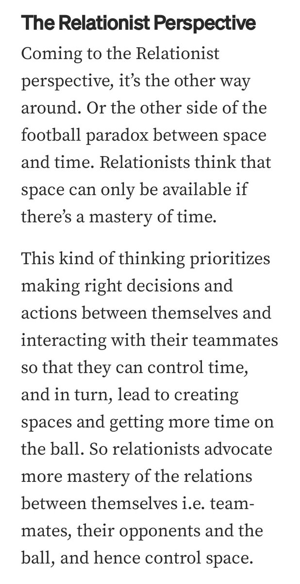 statocastgaurav's tweet photo. For those exploring the concepts as Jamie Hamilton wrote:

POSITIONISM: where all possible relations are a function of positions

RELATIONISM: where all possible positions are a function of relations

You can read my full article on Positionism vs Relationism in my pinned tweet or here: https://t.co/4UAbKq9FP3

Both Positionism & Relationism are NOT mutually exclusive but here's a detailed rundown of terms...

Positionism (Positional Play)

Positionism prioritizes space as the primary reference point. The pitch is treated like a grid or map divided into zones/sectors. Players are assigned or encouraged to occupy specific positions or areas, and the team's structure is built around controlling and exploiting those spaces rationally and systematically.

Core ideas:
-Structure comes first. The coach designs a positional framework (e.g., specific shapes in build-up, midfield, and attacking phases).
-Players occupy designated zones and make relatively small, structured movements within or between them.
-The ball moves to the players in their positions (famously paraphrased from Pep Guardiola: “the players don’t move, the ball moves to the players”).
-Emphasis on repetition, automations, clear passing lines between zones, and creating superiorities through positioning rather than individual improvisation.
-Organization is largely top-down and pre-defined: principles are taught so players know the "correct" or rational way to occupy space.

This approach aims for control, predictability, and efficiency through spatial discipline. It became dominant in much of Europe thanks to influences from Johan Cruyff, Arrigo Sacchi, and especially Pep Guardiola’s Barcelona and later teams. The classic juego di posicion or positional play 

Typical characteristics:
-Zonal attacking and defending structures.
-Equidistant or rational spacing.
-Players often "wait" in positions for the ball or make prescribed rotations.
-Strong rest-defense (structured shape when attacking).

Examples: Pep Guardiola’s Manchester City, Mikel Arteta’s Arsenal, many modern high-pressing European sides.

Relationism (Relational / Functional Play)

Relationism flips the priority: relationships between players, the ball, teammates, and opponents come first, and positions emerge from those relationships in real time.

Instead of starting with a fixed spatial structure, the team organizes through dynamic interactions. Players move fluidly based on connections, creating local overloads, combinations, and patterns that arise organically rather than being pre-scripted.

Core ideas:
-The ball and player relationships are the primary reference points.
-Organization is more emergent and bottom-up — it "becomes" through play rather than being imposed from the start.
-Players actively move toward the ball or each other to create connections (e.g., clustering/tilting on one side of the pitch).
-Greater emphasis on intuition, real-time communication (gestures, signals, timing), and adaptability.
-Less concern with perfect zonal spacing; more focus on proximity, asymmetry, and functional movement.

Relationism embraces a degree of fluidity and even controlled chaos, trusting players to solve problems through their relationships rather than strict positional rules.

Typical characteristics:
-Non-zonal or fluid attacking organization.
-Players "gather" or tilt toward the ball to create overloads.
-Frequent use of patterns like toco y me voy ("pass and move"), tabela (wall passes/one-twos with timing and understanding), diagonal structures, and deceptive movements.
-More spontaneous clustering and switching of play.

Examples: Fernando Diniz’s Fluminense (the most cited modern exponent), elements of Carlo Ancelotti’s Real Madrid, some aspects of Lionel Scaloni’s Argentina, and various Brazilian/Argentine traditions

However we're seeing a huge shift of hybrid Positionist & Relationist philosophies at this World Cup.. stay tuned for my article! On my Medium @aftertheftw 

#WorldCup