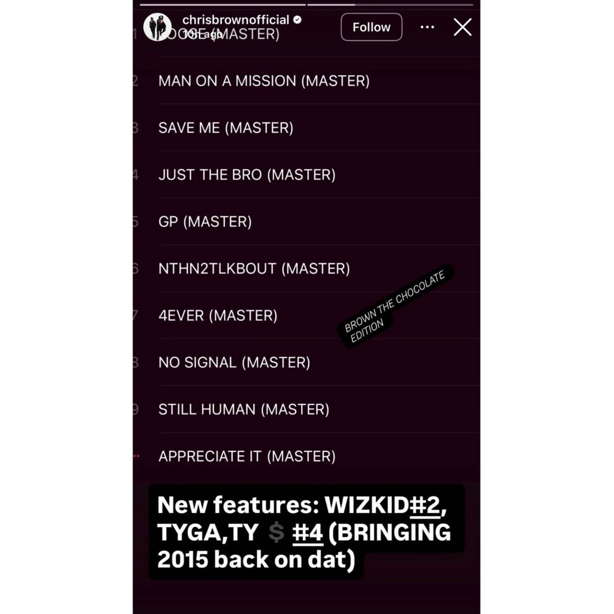 OloriSupergal's tweet photo. Wizkid Joins Chris Brown’s Upcoming Deluxe Album

Nigerian Afrobeats singer, Wizkid is set to make an appearance on the deluxe edition of Chris Brown’s latest album, officially titled Brown: The Chocolate Edition, which is scheduled for release this Friday.

Wizkid features on the album’s second track, “Man On A Mission,” marking another high profile international collaboration for the Grammy winning Nigerian star. The anticipated record is expected to blend Chris Brown’s signature R&B sound with Wizkid’s globally celebrated Afrobeats style, giving fans plenty to look forward to ahead of the album’s release.

Source: chrisbrownofficial || IG

Read more on https://t.co/auz6ouL8AN

#OloriSuperGal #OSGMedia