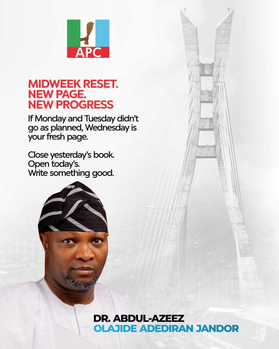 lagosforlagos's tweet photo. *Midweek Reset. New Page. New Progress*
If Monday and Tuesday didn’t go as planned, Wednesday is your fresh page.
Close yesterday’s book. Open today’s. Write something good.
#JANDORofLagos
#WednesdayWisdom #MidweekMotivation #ResetAndRefocus
#Lagos4Lagos https://t.co/swooMphuLh