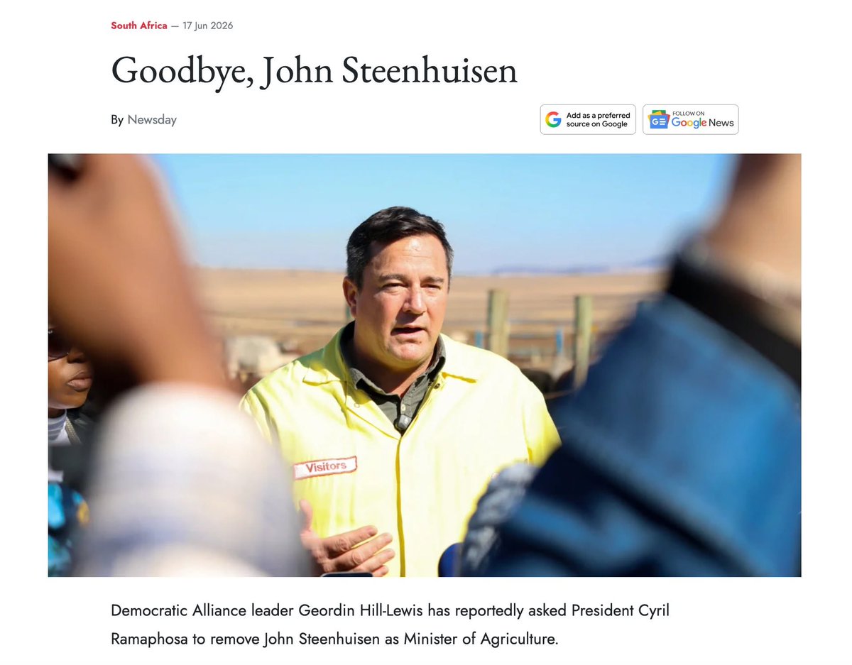 RenaldoGouws's tweet photo. Party Politics aside, I think any reasonable person will admit that John Steenhuisen was a terrible Agricultural Minister. He didn't listen to the farmers, was arrogant, doubled down on state control and decided to take the advice of his officials over that of actual farmers and people in the industry.

The irony being that when he was the leader, he fired Dion George and replaced him with Willie Aucamp. Now Willie Aucamp replaces him.