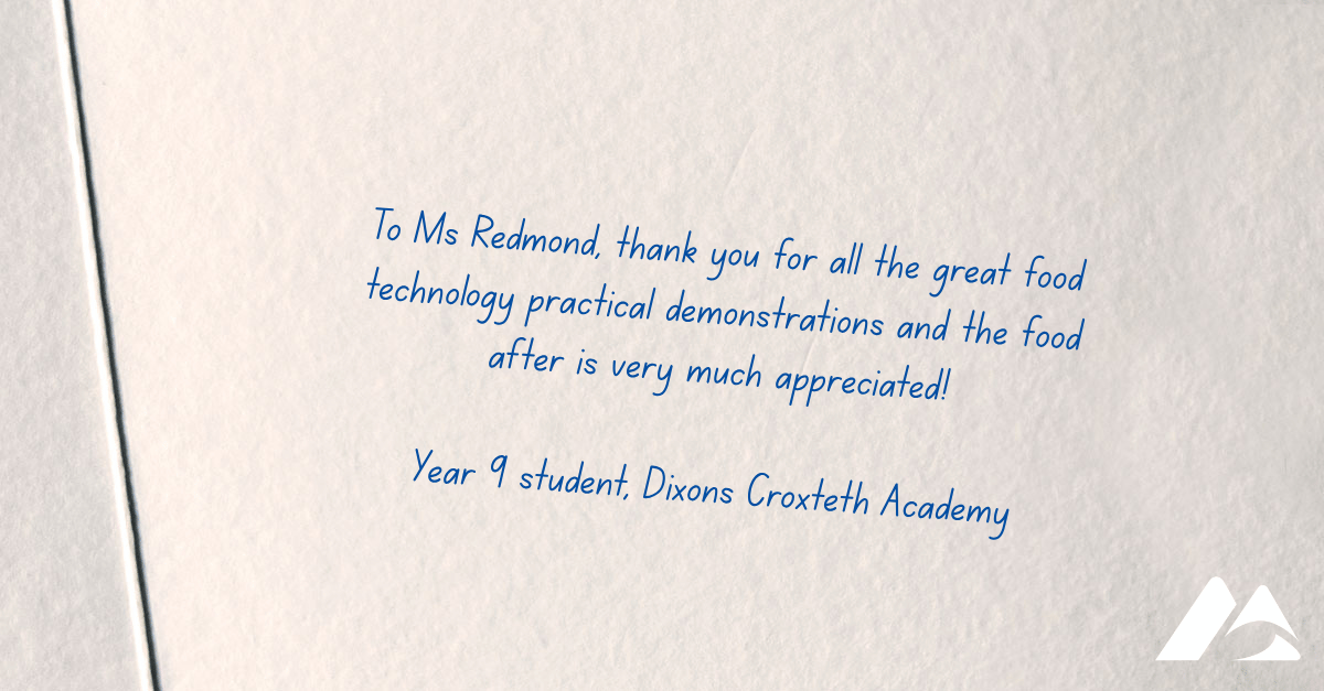 DixonsAcademies's tweet photo. @Dixonscr @dixonsmnp @dixons_bk @dixons_mb We asked students across our trust to share what makes their teachers special 💬🍎

Some lessons leave a lasting impression, especially when there's delicious food involved! 🍽️

Here's what one student from @Dixonscr had to say about their Food Technology teacher 💙👇 https://t.co/7rMIIy4Xw5