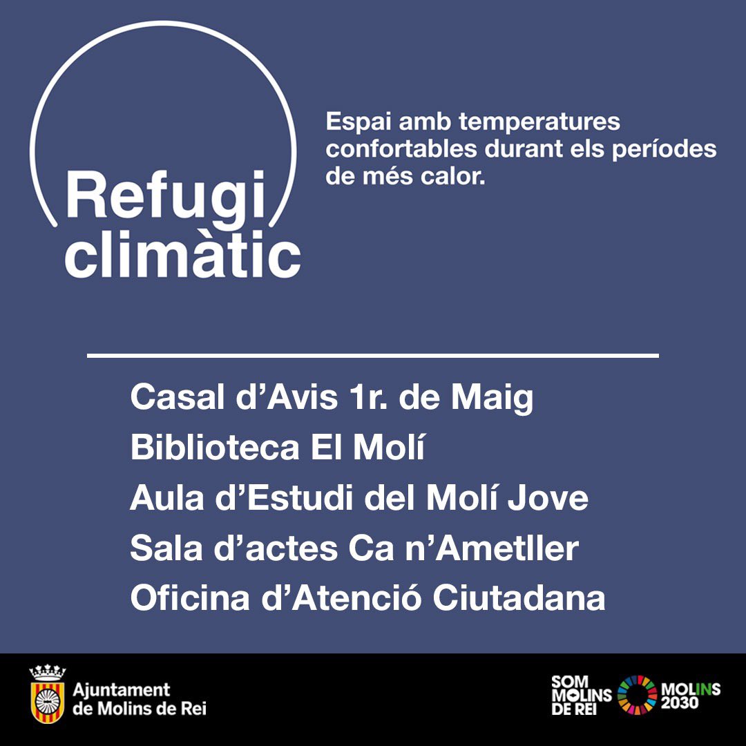 AjMolinsdeRei's tweet photo. 🥵 Molins de Rei compta amb 5 refugis climàtics a la Xarxa de Refugis Climàtics de l’AMB.

Durant tot l’estiu, l’Ajuntament de Molins de Rei posa a disposició de la ciutadania 5 equipaments que proporcionen confort tèrmic a la població. https://t.co/jr7miv3tb6