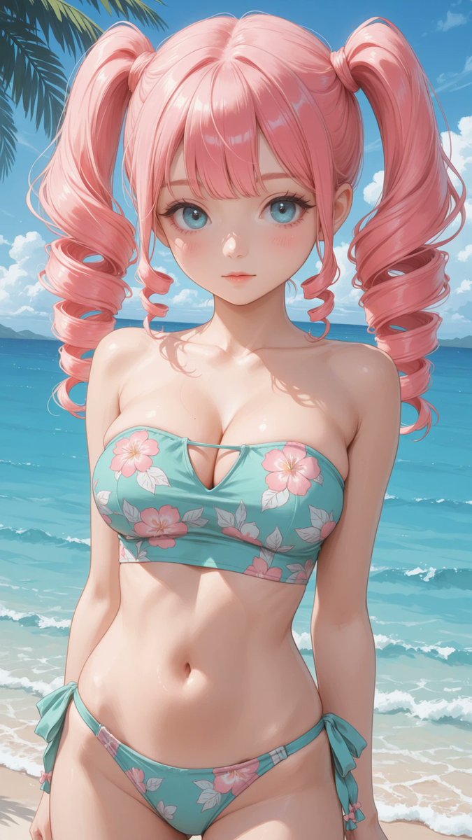 AliceLavli's tweet photo. ガッツリ水着を行ってみよう✨
pastel tropical tankini set, strapless ruched tankini top, fitted longline silhouette, sweetheart neckline, gathered center bust detail, soft pastel aqua base color, pink tropical floral print, light aqua palm leaf pattern, smooth stretch fabric, matching high-leg bikini bottoms, side tie strings on both hips, coordinated floral print placement, soft feminine beach aesthetic, strict color placement, pastel aqua fabric only, pink flowers only, light aqua leaf motifs only, fixed strapless neckline shape, fixed ruched bust construction, fixed longline tankini silhouette, fixed side tie placement, fixed high-leg bikini bottom shape, clean color boundaries