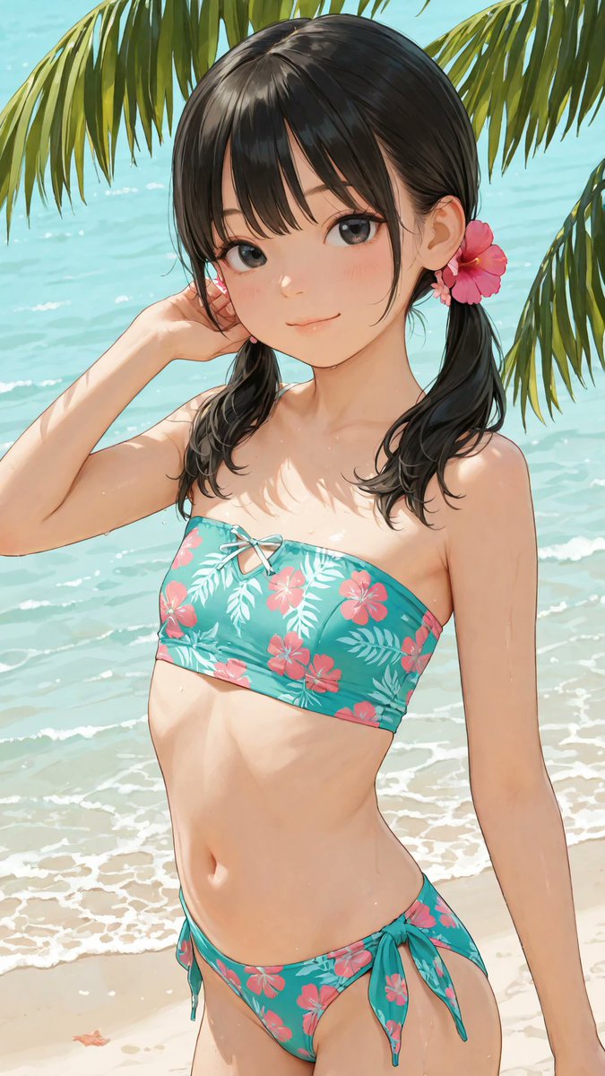 AliceLavli's tweet photo. ガッツリ水着を行ってみよう✨
pastel tropical tankini set, strapless ruched tankini top, fitted longline silhouette, sweetheart neckline, gathered center bust detail, soft pastel aqua base color, pink tropical floral print, light aqua palm leaf pattern, smooth stretch fabric, matching high-leg bikini bottoms, side tie strings on both hips, coordinated floral print placement, soft feminine beach aesthetic, strict color placement, pastel aqua fabric only, pink flowers only, light aqua leaf motifs only, fixed strapless neckline shape, fixed ruched bust construction, fixed longline tankini silhouette, fixed side tie placement, fixed high-leg bikini bottom shape, clean color boundaries