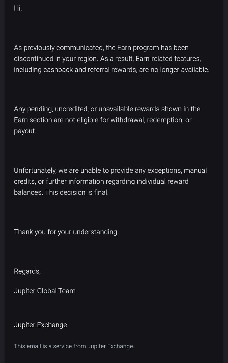 InvestorFola's tweet photo. I'm genuinely upset.

Jupiter Spend killed their rewards program in Nigeria without any heads up. I had $100 in earned rewards, the money I worked for and now I can't withdraw it.

Their Support basically told me to accept my L.

This is why people don't trust crypto platforms.

@JupiterExchange @jup_mobile I'm asking you directly. How is it acceptable to freeze earned funds with zero notice? I didn't break any rules. I just want what's mine.

Please make this right 🙏