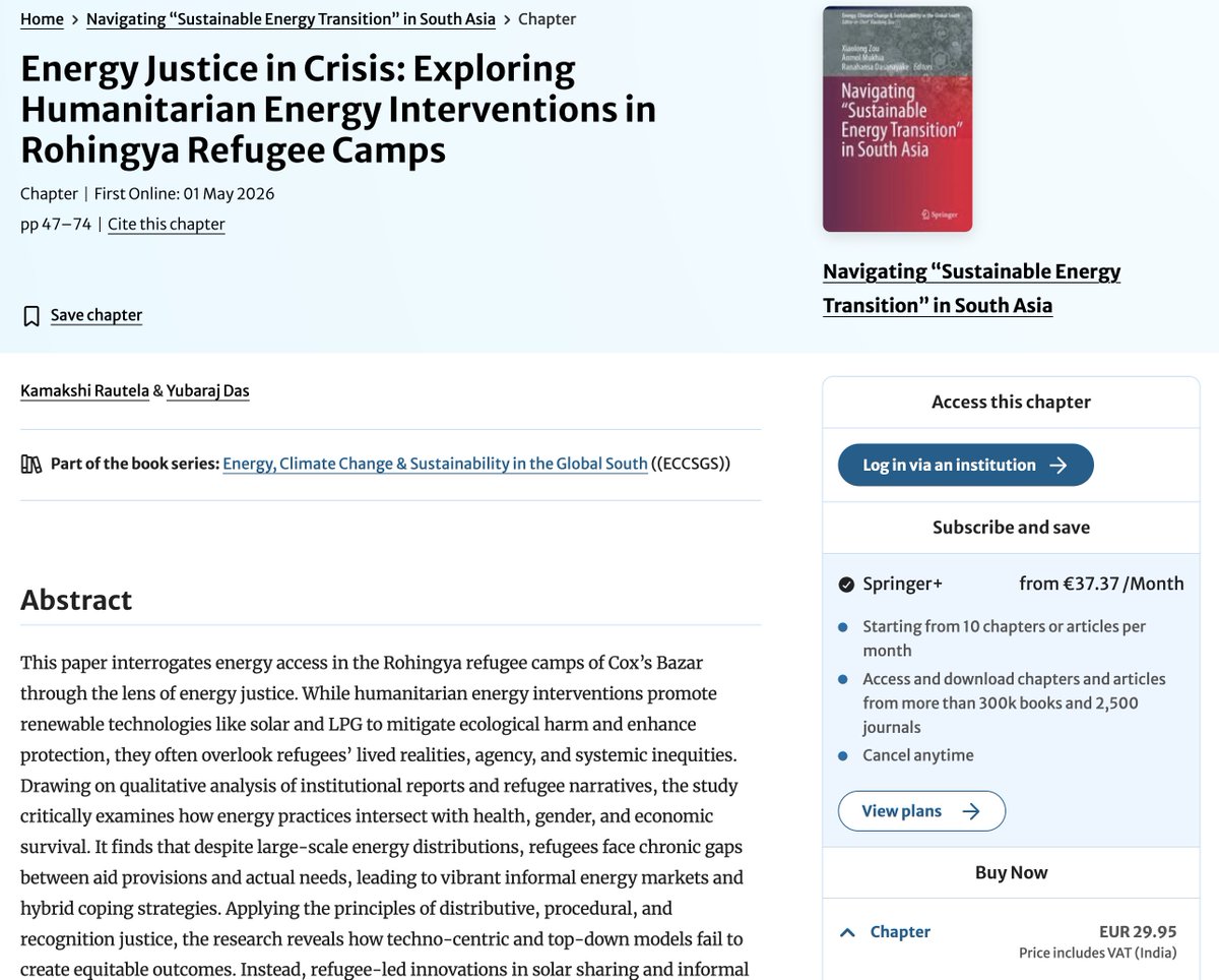 SouthAsianUni's tweet photo. New publication by Kamakshi Rautela and Yubaraj Das on #energyjustice and humanitarian energy interventions in Rohingya refugee camps, published in Navigating Sustainable #EnergyTransition in #SouthAsia.

Read: https://t.co/zIfsCejptB 

#SAU #TROSA https://t.co/QpwfPeZWPs