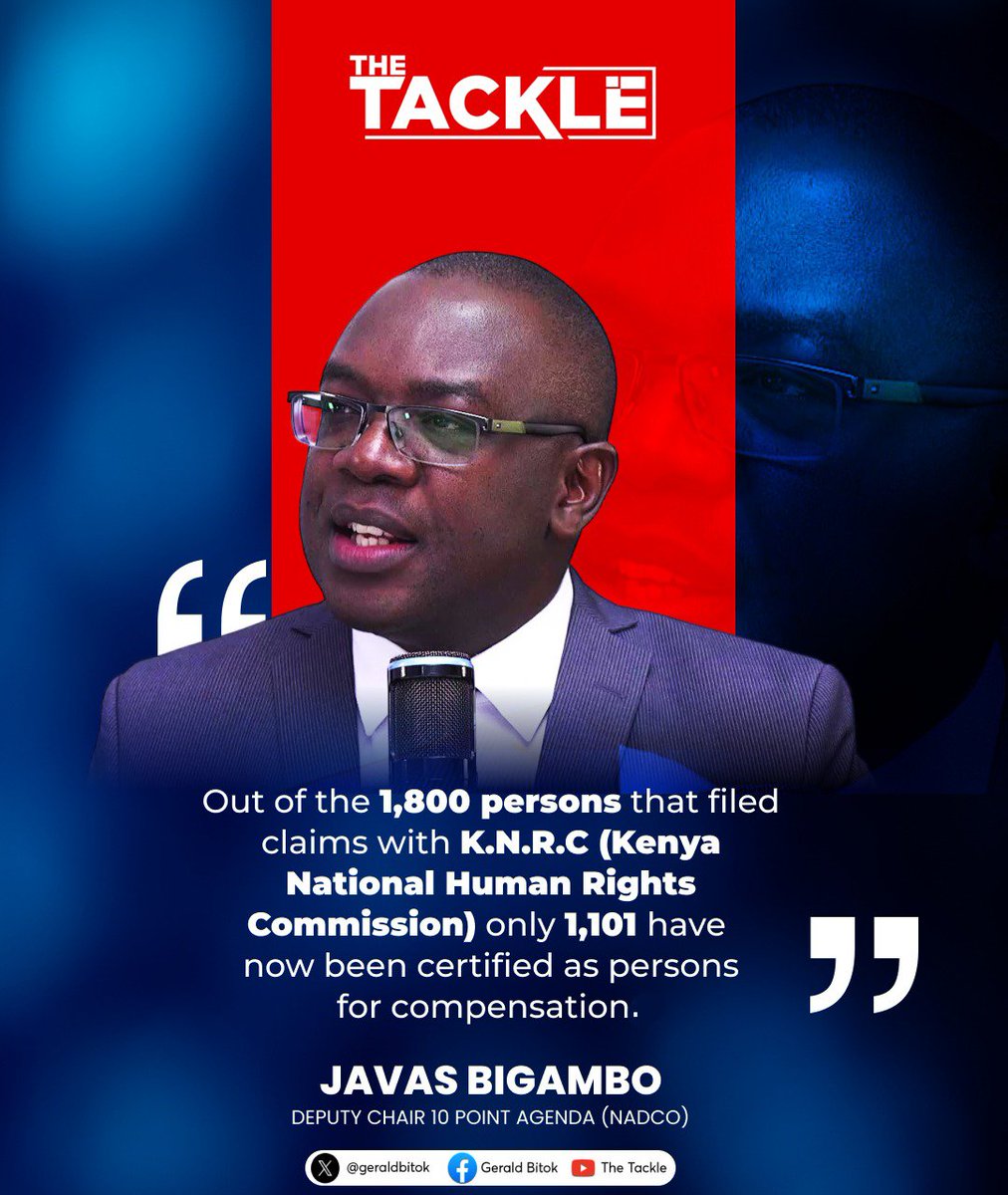 geraldbitok's tweet photo. Javas Bigambo: Out of the 1,800 persons that filed claims with Kenya National Human Rights Commission, only 1,101 have now been certified as persons for compensation.
#THETACKLE
https://t.co/VJgenzEQ0Q https://t.co/aF9fFtu96K