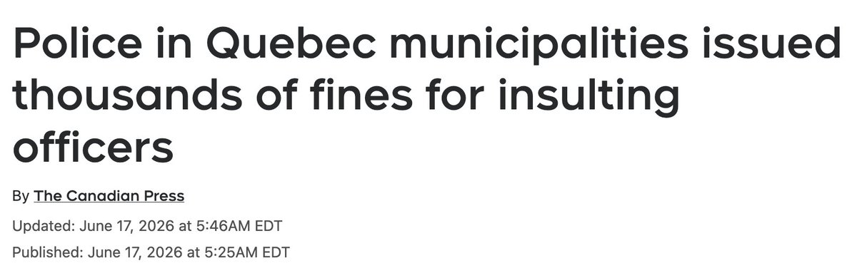 TedRutland's tweet photo. Erika Morris from CP dug into the numbers. Quebec municipalities with bylaws against hurting the feelings of the armed wing of the state (sorry, "insulting police officers") have seen tens of thousands of citizens fined.

In Quebec City, it's over 11,000 fines since April 2020. https://t.co/DXRwOgWasr