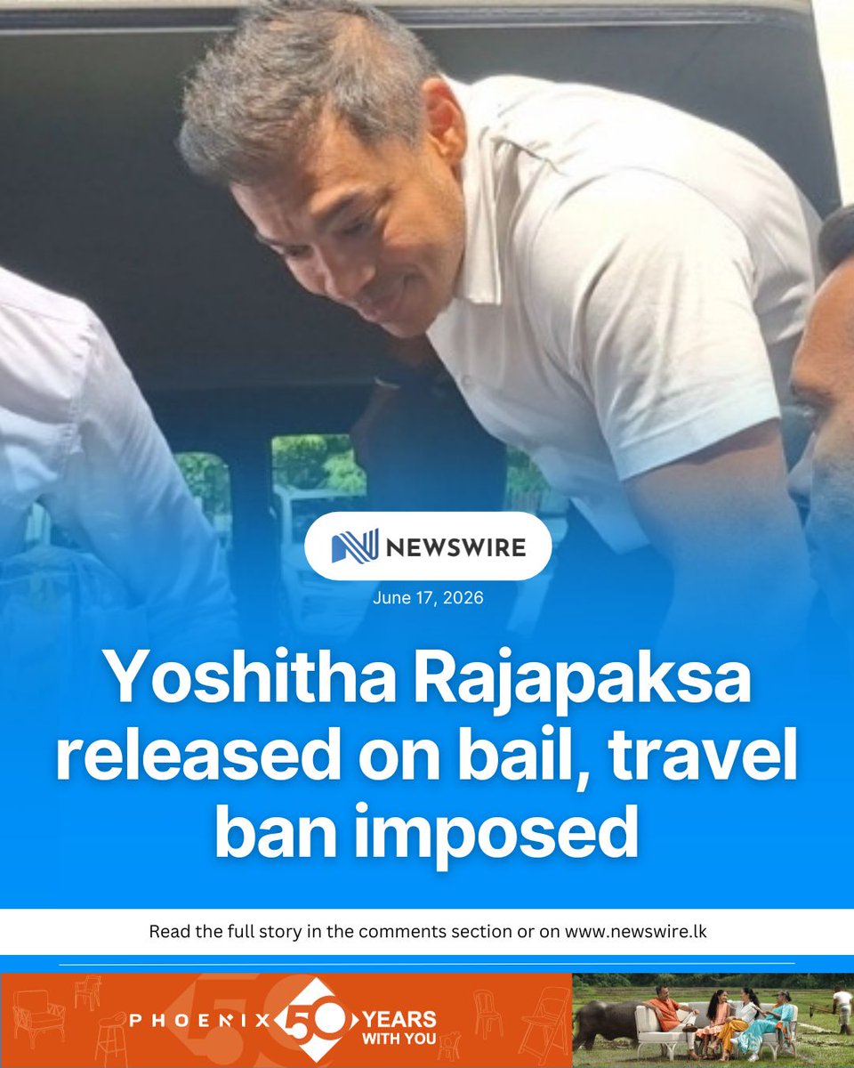 NewsWireLK's tweet photo. The Colombo Magistrate’s Court has ordered the release on bail of Yoshitha Rajapaksa, son of former President Mahinda Rajapaksa, who was arrested by the Commission to Investigate Allegations of Bribery or Corruption (CIABOC).

The Magistrate ordered that the suspect be released on three sureties of Rs. 5 million each, while also imposing a foreign travel ban.

The order was issued by Additional Magistrate Lahiru Silva after considering submissions made by CIABOC officers and the defence counsel.

Rajapaksa had appeared before CIABOC earlier today (17) following a notice issued in connection with an ongoing investigation related to his involvement with the Sri Lanka Navy and the British Royal Naval Academy. He was subsequently taken into custody after questioning. (Newswire)