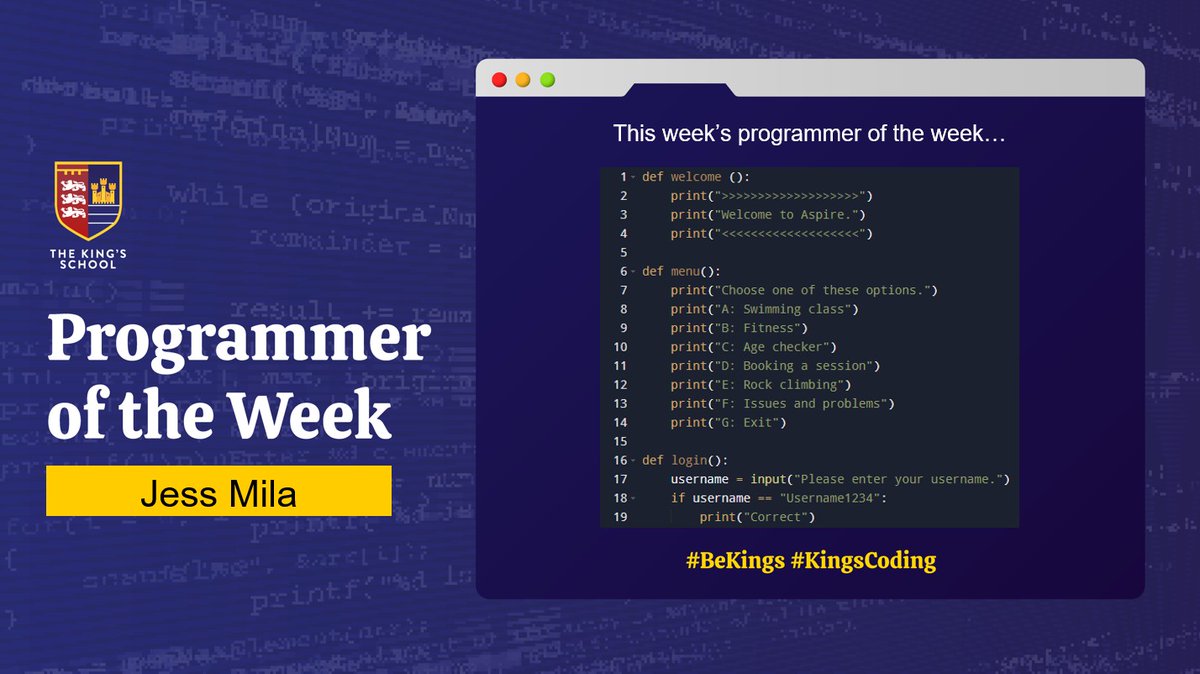 PATKingsSchool's tweet photo. 💻 Congratulations to this week's Programmer of the Week! 💻 https://t.co/0j96evBs6z