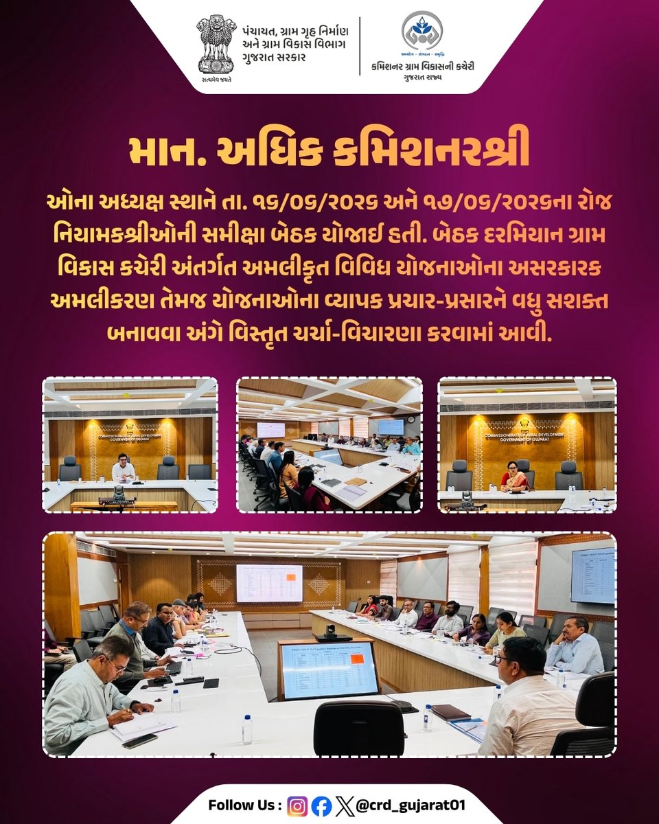 crdgujarat1's tweet photo. માન. અધિક કમિશનરશ્રીઓના અધ્યક્ષ સ્થાને તા.૧૬/૦૬/૨૦૨૬ અને ૧૭/૦૬/૨૦૨૬ના રોજ નિયામકશ્રીઓની સમીક્ષા બેઠક યોજાઈ હતી.
 
#CRD_GUJARAT #VBGRAMG #SBMR_Gujarat #PMAY #watershed #GLPC
@CMOGuj @kunvarjibavalia @MLASanjaysinh @GlpcLivelihood https://t.co/DpqlS1vpKh