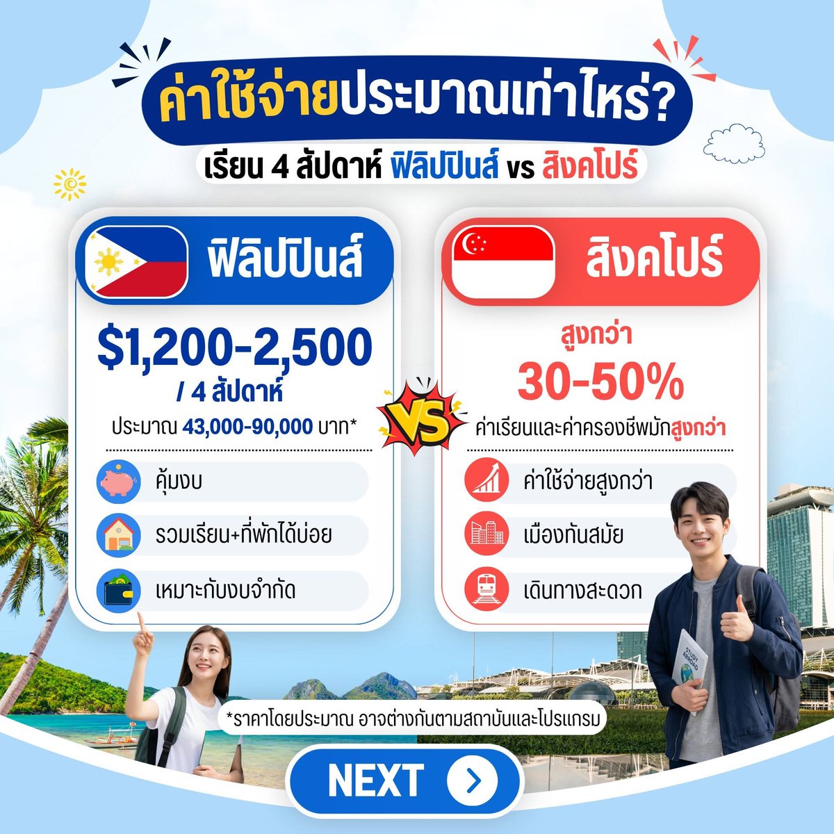 TheBest_Edu's tweet photo. 🇵🇭 Cebu vs Singapore 🇸🇬
งบ 50,000 เรียนภาษาที่ไหนดี? ✨
ฟิลิปปินส์ = คุ้มงบ + เรียน 1:1
สิงคโปร์ = เมืองอินเตอร์ + ต่อ Degree

📲 LINE: @TheBestEdu
#เรียนต่อฟิลิปปินส์ #เรียนต่อสิงคโปร์ #เรียนภาษาอังกฤษ #StudyAbroad #TheBestEdu https://t.co/lACWCbSyF9