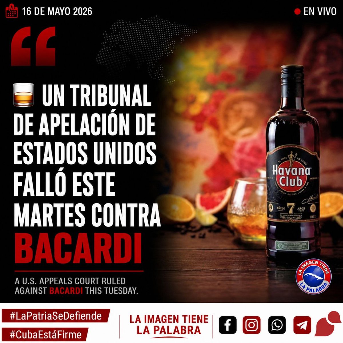 AlbaLyen's tweet photo. Un tribunal de apelación de Estados Unidos falló este martes contra Bacardi en la larga disputa de la empresa con el gobierno cubano sobre los derechos de marca registrada del ron “Havana Club” en Estados Unidos.
#LaPatriaSeDefiende
#CubaEstáFirme https://t.co/SkFvfrti8L