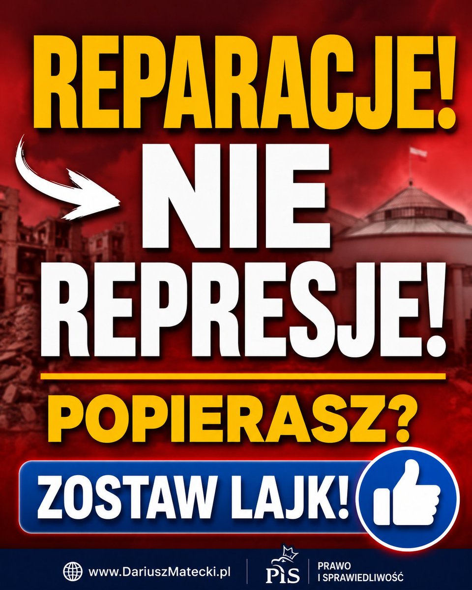 DariuszMatecki's tweet photo. Niewyobrażalne zniszczenia wojenne, zrównana z ziemią stolica, zrabowane dobra kultury i miliony zamordowanych obywateli – to potworny bilans niemieckiej agresji, za który Polska nigdy nie otrzymała należnego zadośćuczynienia. 

Niemcy muszą zapłacić za krzywdy naszych przodków, a rząd w Warszawie ma obowiązek o to dbać, a nie kłaniać się obcym stolicom! 🇵🇱❌🇩🇪
