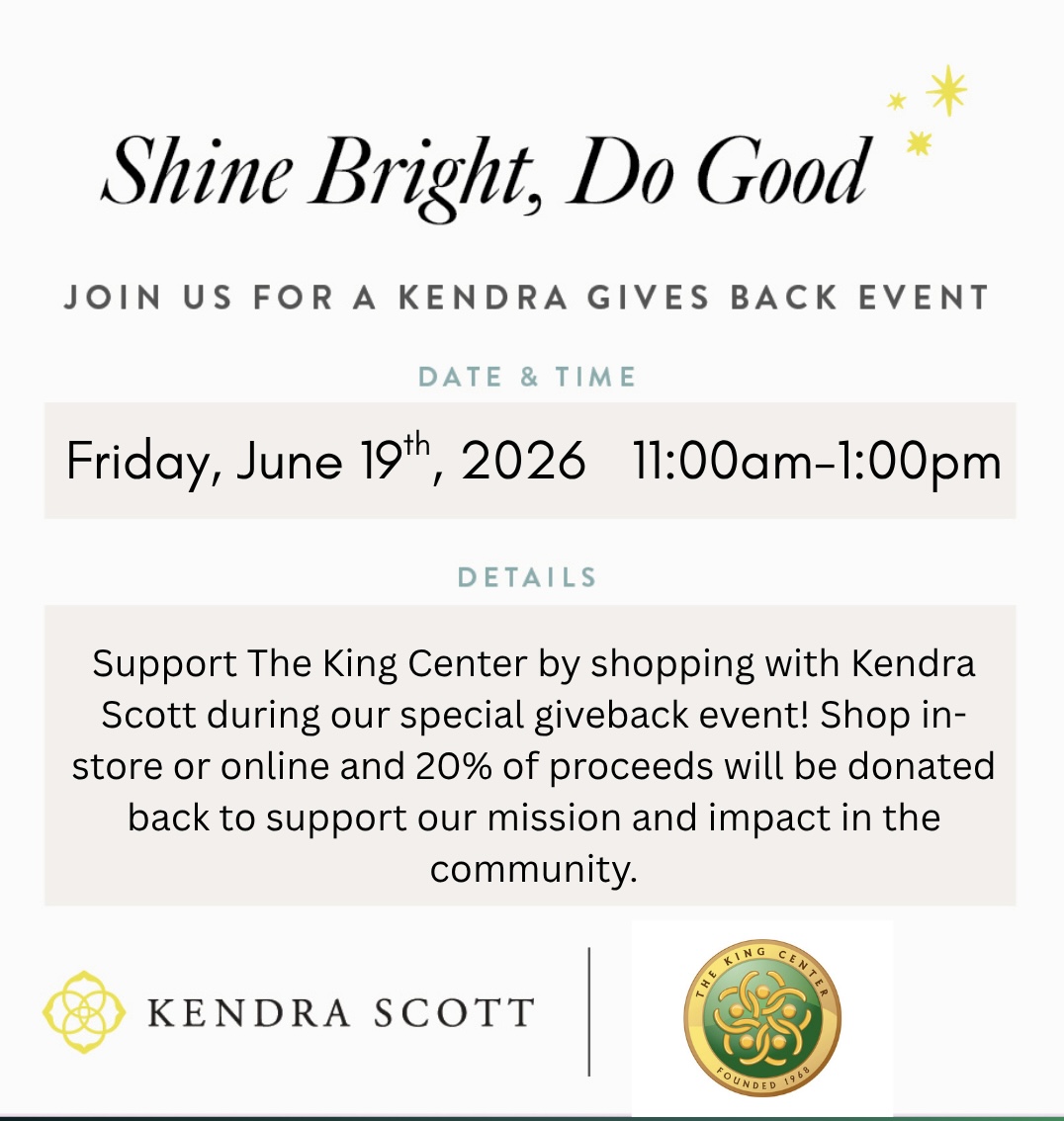 TheKingCenter's tweet photo. A great opportunity to support our work for good. This Friday, shop at https://t.co/ZllkccPeUu. Use the code GIVEBACK- MCYOI at checkout. #TheKingCenter #MLK #StudentsWithKing #YouthAcademy #KendraScott https://t.co/cMSzppHkAt