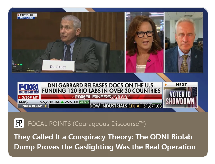 P_McCulloughMD's tweet photo. They Called It a Conspiracy Theory: The ODNI Biolab Dump Proves the Gaslighting Was the Real Operation

120+ Pentagon-funded pathogen labs in 30 countries, including an active war zone, reveal a national security apparatus that lied, smeared the truth, and outsourced gain-of-function research.  No evidence labs were reducing biological threats and scant peer-reviewed publications.  What was going inside these facilities? Courtesy Fox Business, The Evening Edit.  @McCulloughFund @LizMacDonaldFOX @FoxBusiness @FoxNews @McCulloughFund https://t.co/A7VYXgUG9K