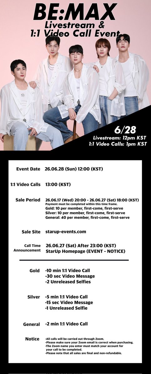 StarUpEvents's tweet photo. #BeMAX - LIVESTREAM &amp; VIDEO CALL EVENT

🖤이벤트 일시:6/28 (일) 12:00KST
🩷응모 기간:~6/27 (토) 18:00KST

-이벤트 응모-
🇰🇷 https://t.co/Ts7l8O0aKm
🇯🇵 https://t.co/Py9Sa0Q9NR
🇺🇸 https://t.co/LrjpxcgwXy

#BeMax #Taegeon #태건 #Wooyeon #우연 #Doha #도하 #Soohyun #수현  #Sihoo #시후 https://t.co/VHihx6JYFT