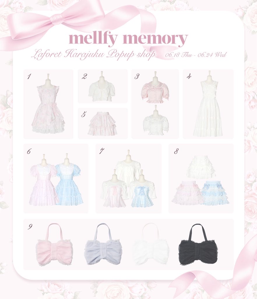 mellfymemory's tweet photo. 🎀𝘗𝘳𝘦𝘴𝘦𝘯𝘵 𝘤𝘢𝘮𝘱𝘢𝘪𝘨𝘯🎀

ラフォーレ原宿POPUP開催を記念して
Summer collectionのアイテムを
抽選で2名様にプレゼント♡
⁡
【応募方法】
1) @mellfymemory をフォロー
2) この投稿をリポスト
3) 希望アイテムの番号と色をコメント
⁡
応募〆切：6/24(水)23:59 https://t.co/YTwYfHnHSE