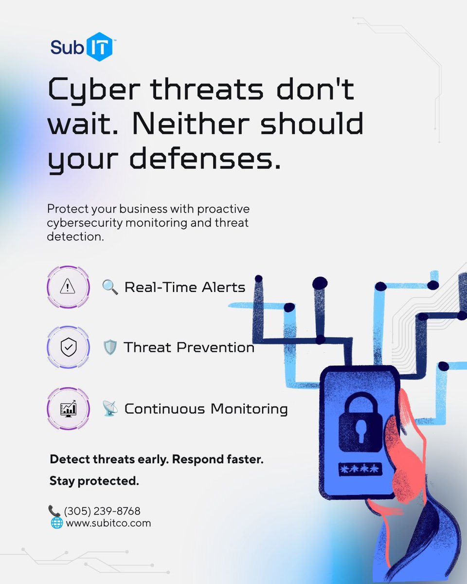 subIT_'s tweet photo. Cyber threats don't wait. Neither should your defenses. 🔐

Real-time alerts, threat prevention, and continuous monitoring help businesses stay ahead of risk.

📞 (305) 239-8768
🌐 https://t.co/KXvBEYWFaZ

#Cybersecurity #ThreatDetection #SubIT https://t.co/hOk0CLdxK4