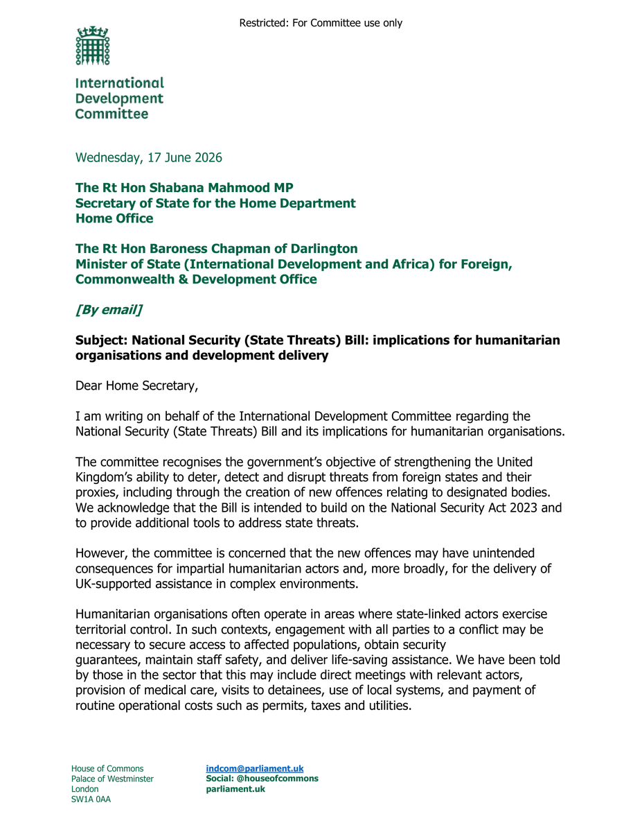 Image shows the first page of a letter to the Home Secretary from the International Development Committee Chair to urge her to amend the National Security (State Threats) Bill amid concern over the "unintended consequences" for humanitarian organisations.
