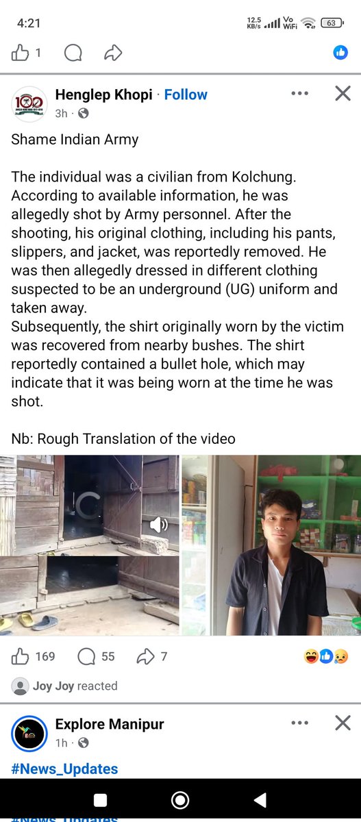 JangminTouthan1's tweet photo. A very shameful act of the @crpfCoBRA personnel who r supposed to be the civilians guardian  killing a young villager of Kolchung, Henglep  in #FakeEncounter . As per eye witness, he was  shot twice, after  killed, his own clothes wer removed &amp; dressed in an underground outfits https://t.co/545vU8K2Ab