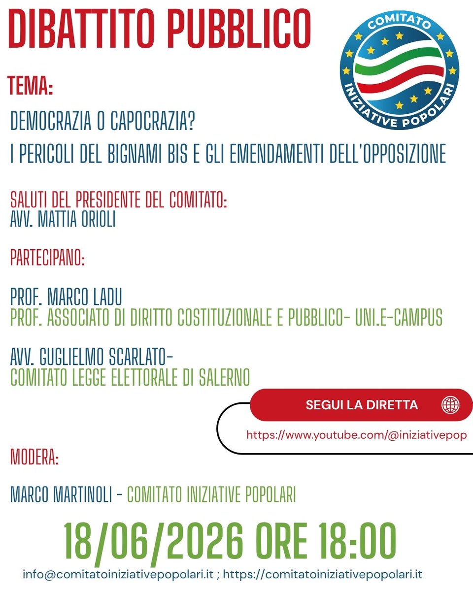 iniziativepop's tweet photo. 🔴Live: Dibattito pubblico il 18 giugno alle ore 18
#leggeelettorale #rosatellum #stabilicum #elezioni27
"Democrazia o Capocrazia? I pericoli del Bignami bis e gli emendamenti dell'opposizione"
Partecipano:
-Prof. Marco Ladu
Professore associato di Diritto Costituzionale e Pubblico - Università E-Campus
-Avvocato Guglielmo Scarlato
Comitato legge elettorale di Salerno
Modera: Marco Martinoli responsabile Comunicazione Comitato Iniziative Popolari
Segui il nostro canale Youtube per essere aggiornato sulle nostre iniziative:
https://t.co/wgvNS2eVyz
Le votazioni avviate il 16 giugno in Commissione Affari Costituzionali della Camera sugli emendamenti alla legge elettorale “Bignami bis” confermano la volontà della maggioranza di governo di procedere rapidamente, per portare speditamente il progetto di legge n. 2822 all’esame dell’Aula, indipendentemente dai lavori in commissione.
Gli emendamenti della maggioranza sul tema delle preferenze sono stati accantonati o ritirati, come nel caso di quello presentato da Cesa di Noi Moderati. Tutto lascia intendere che la maggioranza preferisca affrontare la questione delle preferenze direttamente in Aula, possibilmente con voto segreto.
È stato inoltre accantonato — e quindi sarà esaminato solo se vi sarà tempo — l’emendamento dell’opposizione volto a introdurre collegi uninominali di dimensioni territoriali ridotte, al fine di consentire agli elettori una scelta più libera dei candidati. Nella stessa giornata del 16 giugno, la maggioranza ha respinto sia gli emendamenti soppressivi dell’articolo 1 sia una proposta di reintrodurre il sistema elettorale del Mattarellum.
Alla luce di questi sviluppi, la proclamata volontà di dialogo appare come una mera mistificazione. La riforma elettorale infatti appare come un progetto che punta a svuotare le istituzioni repubblicane, realizzando, il premierato di fatto, attraverso il doppio listino di nominati e un super premio di maggioranza, un passaggio definitivo dalla Democrazia a una forma di “Capocrazia”.