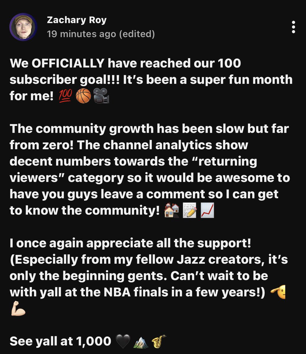 RealZacharyRoy's tweet photo. Was lucky enough to hit 100 subscribers within roughly the first month of actually attempting to make Jazz content on YouTube! 💯
It’s been a blast, hope to only grow from here! 🖤🏔️🎷
#UtahJazz #NBA #NBADraft #LauriMarkkanen #WalkerKessler #KeyonteGeorge #JarenJacksonJr https://t.co/xCu6yzl3Fc