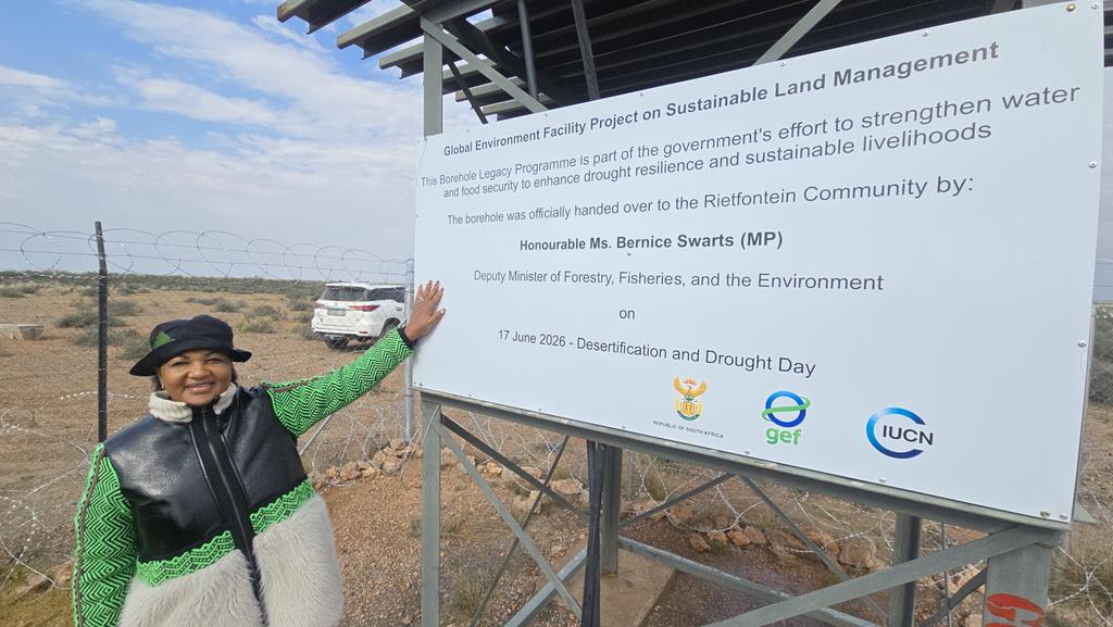 environmentza's tweet photo. The 2026 Desertification &amp; Drought Day Ministerial Imbizo is underway in Rietfontein, Northern Cape.
DM Bernice Swarts and MEC Lebogang Motlhaping are leading the handover of two boreholes in Philandersbron and Rietfontein.
#DDD2026 #DFFE https://t.co/VfXMJnorpI
