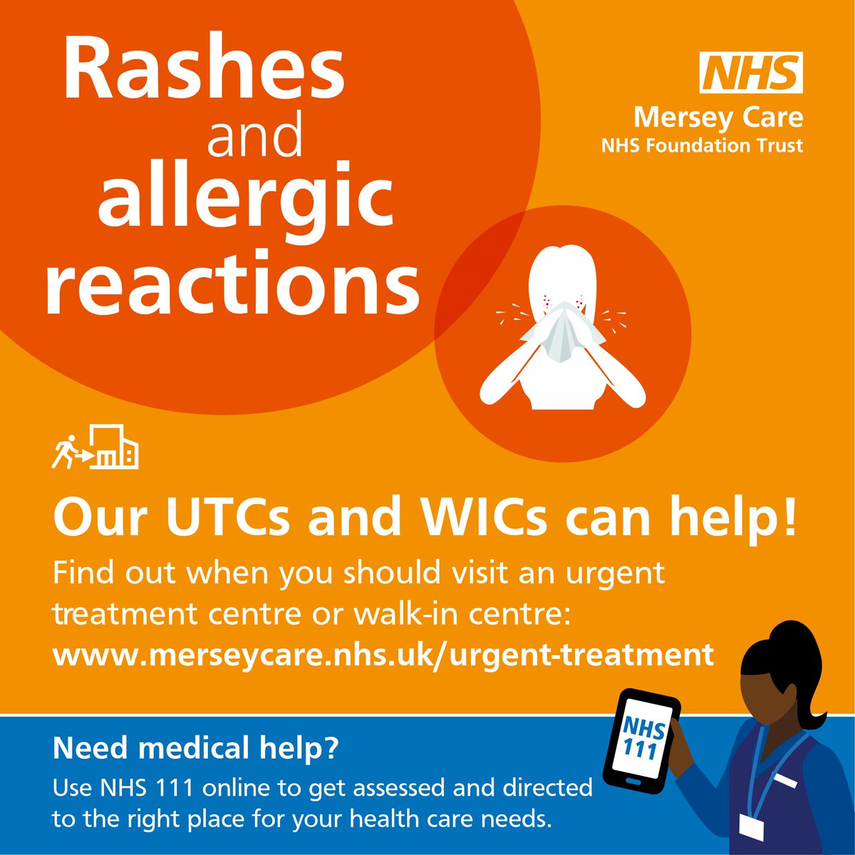 Mersey_Care's tweet photo. Suffering with a rash or allergy? Our urgent treatment and walk-in centres are ready to help 💙
Open every day, all year round, across #Knowsley, #Liverpool, #Sefton, and #StHelens.
⚠ Need same-day urgent care? Visit #NHS111 online ⚠
https://t.co/R5QMfA3K2d
#WICs #UTCs https://t.co/CWSovJZFQr