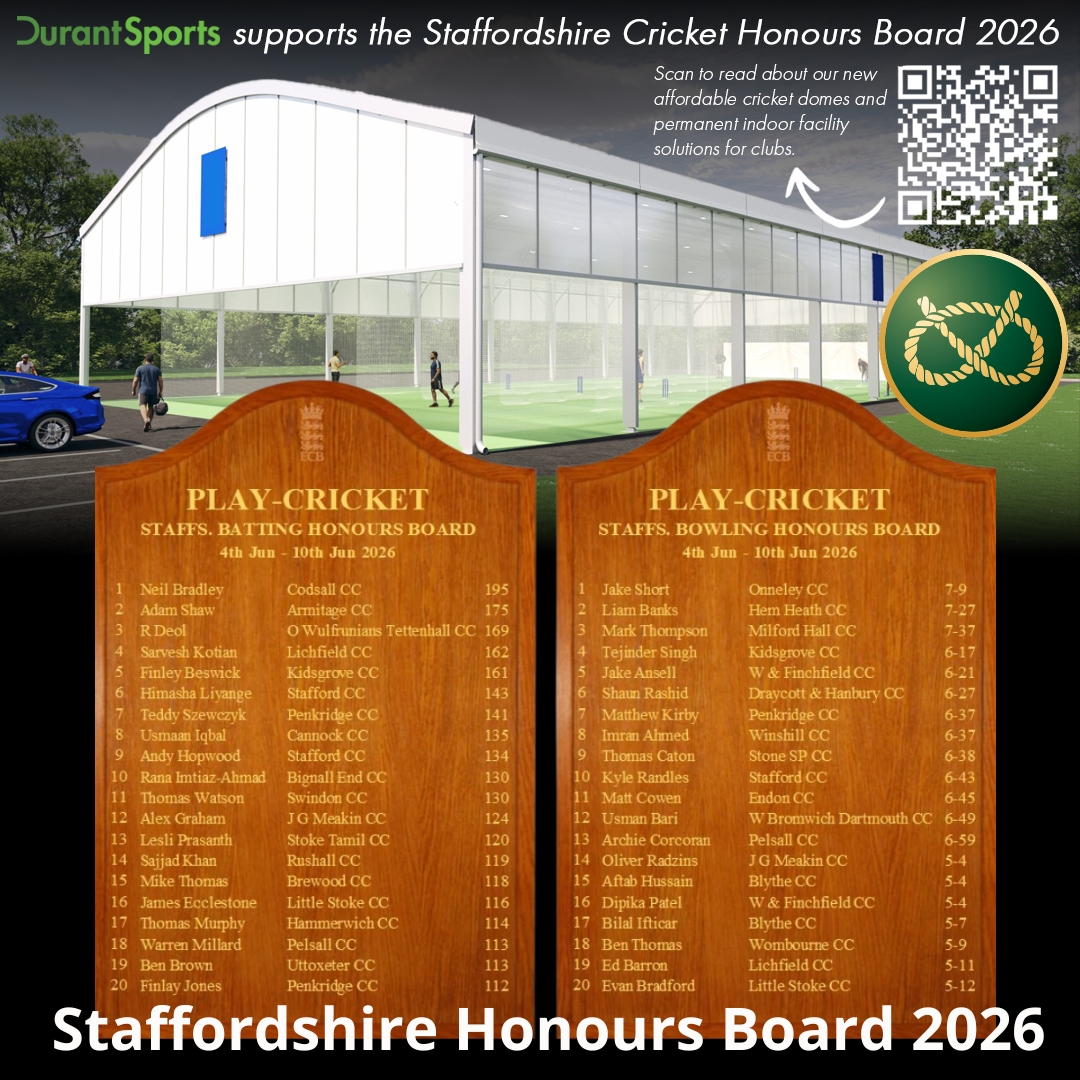 StaffsCricket's tweet photo. 🏏Apologies for the lack of boards last week!  We have been working with Play Cricket to correct an error and we're pleased to say we can now publish the Week 8 boards.  Congratulations to all included. @DurantSports_  Week 9 to follow later https://t.co/Kx2m5477cb