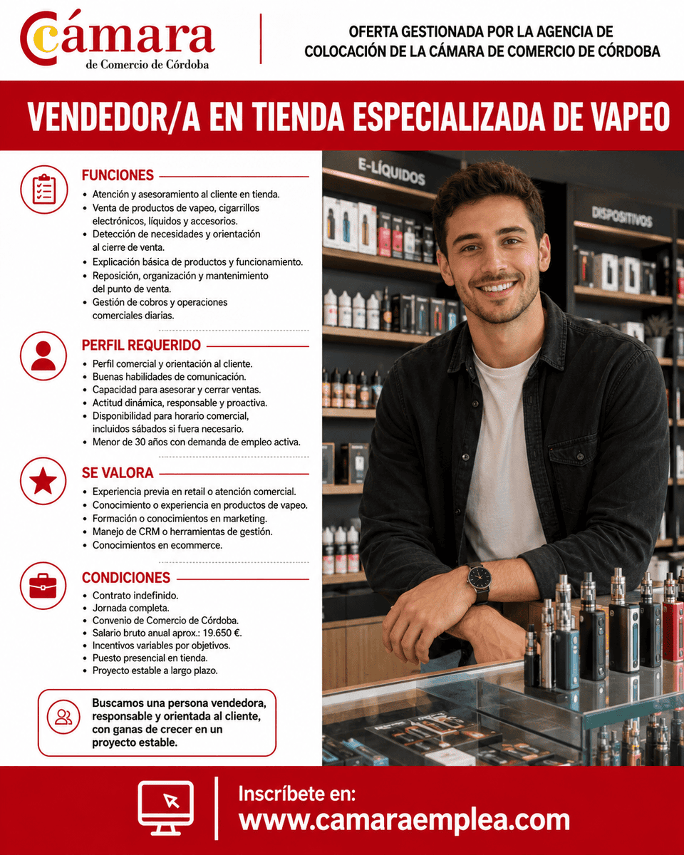 camaraemplea's tweet photo. Camara Emplea: DEPENDIENTE/A EN TIENDA ESPECIALIZADA DE VAPEO en @camaraofcordoba #cordobaesp  https://t.co/Dr8vvlMdHJ #camaraemplea https://t.co/hbDBJxNnTS