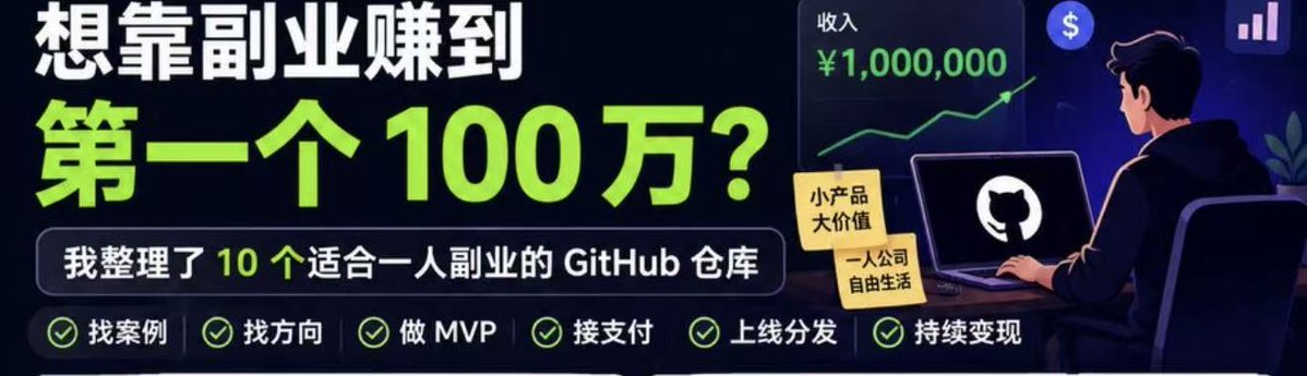gaoqian2580's tweet photo. 想靠副业赚到第一个 100 万？

不用报课，先去 GitHub 看看那些一人公司是怎么把小工具、小插件、小 SaaS 做成现金流的。

我整理了 10 个适合一人副业的 GitHub 仓库。

1、awesome-one-person-company

一人公司案例、真实收入、失败复盘

https://t.co/fymi24N70I

2、chinese-independent-developer

中国独立开发者项目列表，看别人到底在做什么

https://t.co/bxFcti6Yug

3、awesome-indie

独立开发者赚钱资源库：灵感、SaaS、增长、变现

https://t.co/TGCVxU5wCL

4、awesome-indiehackers

Indie Hacker 人物和案例清单，适合找榜样和打法

https://t.co/C9KaMSC8i8

5、Best-Micro-SaaS-Tools

Micro SaaS 工具案例库，适合找小而美的副业方向

https://t.co/UehVicAjqB

6、awesome-solo-founder-oss

一人创业开源工具栈：开发、支付、分析、邮件、客服、增长

https://t.co/UNTT5hNFcD

7、open-saas

开源 SaaS 模板：登录、支付、落地页、邮件、后台任务都给你配好

https://t.co/jwao9J8kNg

8、awesome-indie-hackers-tools

独立开发者工具合集：建站、增长、分析、运营工具

https://t.co/MsQBLOQji6

9、awesome-launch-platforms

产品发布平台合集：Product Hunt、BetaList、Indie Hackers 等

https://t.co/butGe38Koi

10、Awesome-SaaS-Directories

SaaS 目录站合集，适合做外链、冷启动、获取第一批用户

https://t.co/wu9h3qpcaA