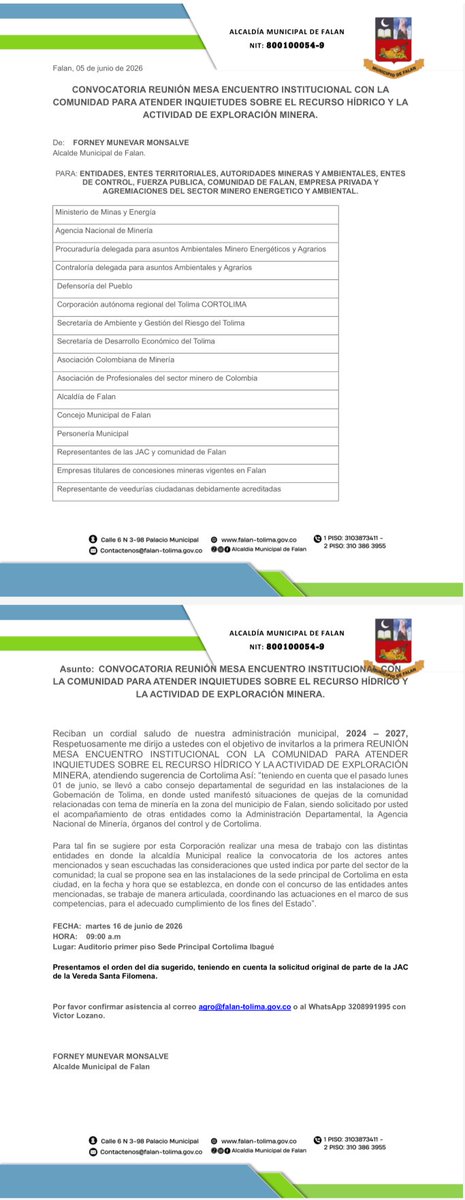 RuraliaUrbana's tweet photo. CONTUBERNIO INSTITUCIONAL Y ASALTO DE ESCRITORIO AL NORTE DEL TOLIMA ??https://t.co/2IhLWtAJzx
De la Mesa de Encuentro Institucional de Falan Tolima llevada a cabo en Ibagué capital del departamento, en instalaciones de @cortolima y el choque frontal entre el Código de Minas y la Soberanía Alimentaria (APPA)...

LA APERTURA DEL ESCENARIO... UNA MESA CONVOCADA BAJO LA PRESIÓN POPULAR !!
El 16 de junio/ 2026 quedará registrado como el día en que la institucionalidad minero-ambiental de Colombia intentó, mediante formalismos burocráticos y un lenguaje pasivo (solapado), asfixiar la legítima resistencia del campesinado de Falan Tolima.

La Alcaldía Municipal de Falan Tolima, liderada por Forney Múnevar Monsalve, mediante convocatoria oficial emitida el 5 de junio/2026, citó a la "Mesa de Encuentro Institucional con la Comunidad" que terminó desarrollándose en instalaciones de CORTOLIMA.

La agenda - diseñada metodológicamente para diluir el conflicto - pretendía "atender inquietudes" sobre el recurso hídrico y la exploración minera. Sin embargo, las evidencias físicas y los testimonios de líderes y lideresas del territorio demuestran que el espacio se convirtió en un escenario de confrontación asimétrica y lavado de manos institucional.

"TRABAJAR DE LA MANO CON LA MULTINACIONAL": LA PROPUESTA DEL ARRAIGO COACTIVO !!
Testimonios de Liderazgos comunitarios rurales y de investigaciones latentes al cierre de la jornada fueron tajantes y relevantes. No se llegó a ningún acuerdo. Las entidades estatales acudieron a esta reunión (hecha en la capital del Tolima para tratar "el asunto" de Falan) no a fiscalizar, sino a imponer la resignación bajo el argumento del "hecho cumplido".

"Ese espacio no derivó de la convocatoria de espacios de diálogos... nos están diciendo que no se pudo asistir al espacio de Vereda Santa Filomena porque supuestamente no había garantías de seguridad, cuando solo somos campesinado. Nos dicen que no podemos exigir la suspensión de esas contrataciones mineras, sino que tenemos que aceptar que eso ya está ahí, y que lo que tenemos que hacer es trabajar de la mano con la empresa minera para que todo salga bien a través de "acuerdos sociales", ahh?". Denunció un vocero territorial con profunda indignación.

Esta postura estatal ignora flagrantemente la Resolución 0052 del 24 de febrero/2026, la cual declaró formalmente a Falan Tolima como Área para la Protección de la Producción de Alimentos (APPA). El mandato de la APPA es de rango constitucional superior: blindar los suelos agrológicos y la producción de comida, un mandato que choca de frente con el pretendido Proyecto Argentum ( de @SantaAnaMin filial de @OCG_Silver & Gold Corp) y las solicitudes de @EatonGold.

LA CONFESIÓN DE LA AGENCIA NACIONAL DE MINERÍA... "LA NORMA ES LAXA, PERO ES LA VIGENTE"
El núcleo de la impunidad quedó registrado durante la intervención del funcionario delegado de la Agencia Nacional de Minería (@ANMColombia). En una declaración que raya en el cinismo normativo, la entidad admitió que actúa amarrada a un Código de Minas obsoleto que pisotea los ecosistemas estratégicos:

*Vigilancia de Papel: 
La ANM reconoció que Falan forma parte de una "colección de municipios" asediados por la minería (junto a Cajamarca, Chaparral, San Luis, Rovira, Ataco y San Juan).

*La Laxitud como Escudo: 
Ante los reclamos airados pero dignos como respetuosos del campesinado, el funcionario confesó: “Sí, yo no le voy a negar lo que decía la señora Ángela hace un segundo: la norma minera de pronto es muy laxa, pero es la norma que está vigente, entonces nosotros tenemos que aplicar esas disposiciones... desde el escenario del Código de Minas”.

*El Veto al Derecho de Exclusión: 
La ANM dejó claro que, a menos que medie la orden perentoria de un juez de la República, la agencia jamás suspenderá un título por iniciativa propia, sin importar que se destruya el bioma o el hábitat del endémico Tití Gris....
(Continúa 🧵🔎🧐)
@RELE_CIDH