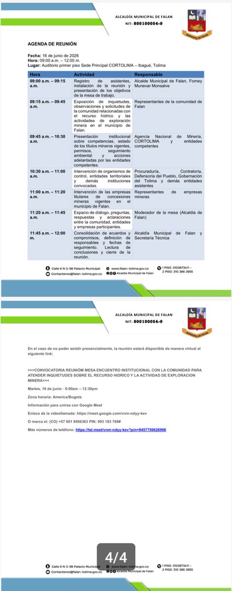 RuraliaUrbana's tweet photo. CONTUBERNIO INSTITUCIONAL Y ASALTO DE ESCRITORIO AL NORTE DEL TOLIMA ??https://t.co/2IhLWtAJzx
De la Mesa de Encuentro Institucional de Falan Tolima llevada a cabo en Ibagué capital del departamento, en instalaciones de @cortolima y el choque frontal entre el Código de Minas y la Soberanía Alimentaria (APPA)...

LA APERTURA DEL ESCENARIO... UNA MESA CONVOCADA BAJO LA PRESIÓN POPULAR !!
El 16 de junio/ 2026 quedará registrado como el día en que la institucionalidad minero-ambiental de Colombia intentó, mediante formalismos burocráticos y un lenguaje pasivo (solapado), asfixiar la legítima resistencia del campesinado de Falan Tolima.

La Alcaldía Municipal de Falan Tolima, liderada por Forney Múnevar Monsalve, mediante convocatoria oficial emitida el 5 de junio/2026, citó a la "Mesa de Encuentro Institucional con la Comunidad" que terminó desarrollándose en instalaciones de CORTOLIMA.

La agenda - diseñada metodológicamente para diluir el conflicto - pretendía "atender inquietudes" sobre el recurso hídrico y la exploración minera. Sin embargo, las evidencias físicas y los testimonios de líderes y lideresas del territorio demuestran que el espacio se convirtió en un escenario de confrontación asimétrica y lavado de manos institucional.

"TRABAJAR DE LA MANO CON LA MULTINACIONAL": LA PROPUESTA DEL ARRAIGO COACTIVO !!
Testimonios de Liderazgos comunitarios rurales y de investigaciones latentes al cierre de la jornada fueron tajantes y relevantes. No se llegó a ningún acuerdo. Las entidades estatales acudieron a esta reunión (hecha en la capital del Tolima para tratar "el asunto" de Falan) no a fiscalizar, sino a imponer la resignación bajo el argumento del "hecho cumplido".

"Ese espacio no derivó de la convocatoria de espacios de diálogos... nos están diciendo que no se pudo asistir al espacio de Vereda Santa Filomena porque supuestamente no había garantías de seguridad, cuando solo somos campesinado. Nos dicen que no podemos exigir la suspensión de esas contrataciones mineras, sino que tenemos que aceptar que eso ya está ahí, y que lo que tenemos que hacer es trabajar de la mano con la empresa minera para que todo salga bien a través de "acuerdos sociales", ahh?". Denunció un vocero territorial con profunda indignación.

Esta postura estatal ignora flagrantemente la Resolución 0052 del 24 de febrero/2026, la cual declaró formalmente a Falan Tolima como Área para la Protección de la Producción de Alimentos (APPA). El mandato de la APPA es de rango constitucional superior: blindar los suelos agrológicos y la producción de comida, un mandato que choca de frente con el pretendido Proyecto Argentum ( de @SantaAnaMin filial de @OCG_Silver & Gold Corp) y las solicitudes de @EatonGold.

LA CONFESIÓN DE LA AGENCIA NACIONAL DE MINERÍA... "LA NORMA ES LAXA, PERO ES LA VIGENTE"
El núcleo de la impunidad quedó registrado durante la intervención del funcionario delegado de la Agencia Nacional de Minería (@ANMColombia). En una declaración que raya en el cinismo normativo, la entidad admitió que actúa amarrada a un Código de Minas obsoleto que pisotea los ecosistemas estratégicos:

*Vigilancia de Papel: 
La ANM reconoció que Falan forma parte de una "colección de municipios" asediados por la minería (junto a Cajamarca, Chaparral, San Luis, Rovira, Ataco y San Juan).

*La Laxitud como Escudo: 
Ante los reclamos airados pero dignos como respetuosos del campesinado, el funcionario confesó: “Sí, yo no le voy a negar lo que decía la señora Ángela hace un segundo: la norma minera de pronto es muy laxa, pero es la norma que está vigente, entonces nosotros tenemos que aplicar esas disposiciones... desde el escenario del Código de Minas”.

*El Veto al Derecho de Exclusión: 
La ANM dejó claro que, a menos que medie la orden perentoria de un juez de la República, la agencia jamás suspenderá un título por iniciativa propia, sin importar que se destruya el bioma o el hábitat del endémico Tití Gris....
(Continúa 🧵🔎🧐)
@RELE_CIDH
