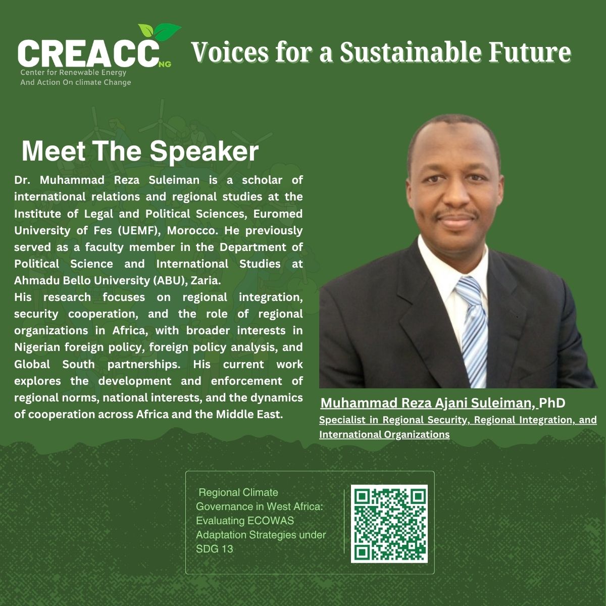 creaccng's tweet photo. 🌍 Join us on 29 June 2026 at 11:00 AM (WAT) for a webinar on Regional Climate Governance in West Africa: Evaluating ECOWAS Adaptation Strategies under SDG 13 with Dr. Muhammad Reza Suleiman.

Register: https://t.co/F3eCosYpHF

#ClimateAction #SDG13 #ECOWAS #WestAfrica #CREACCNG https://t.co/i9OPbSEgYP