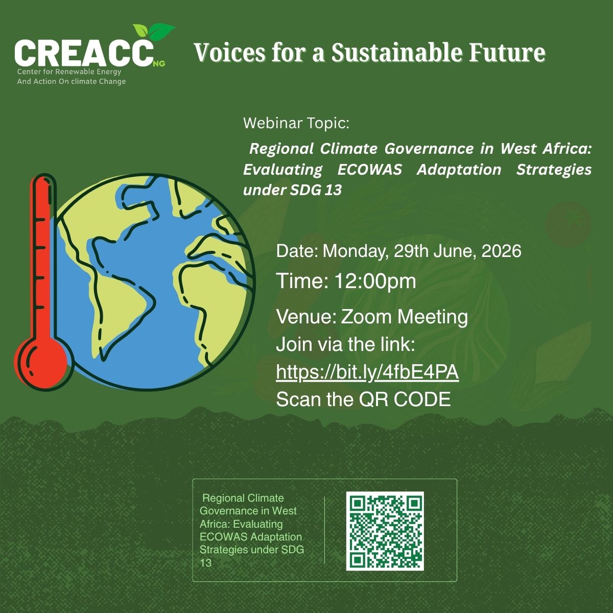 creaccng's tweet photo. 🌍 Join us on 29 June 2026 at 11:00 AM (WAT) for a webinar on Regional Climate Governance in West Africa: Evaluating ECOWAS Adaptation Strategies under SDG 13 with Dr. Muhammad Reza Suleiman.

Register: https://t.co/F3eCosYpHF

#ClimateAction #SDG13 #ECOWAS #WestAfrica #CREACCNG https://t.co/i9OPbSEgYP
