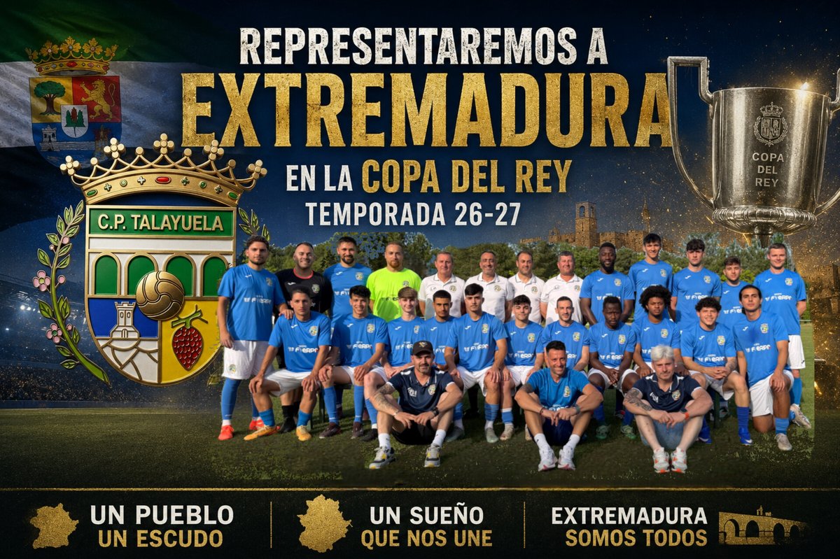 CPTalayuela's tweet photo. 🚨 OFICIAL 🚨
El C.P. Talayuela jugará la fase previa de la #CopaDelRey 2026/27 tras la confirmación de la Federación Extremeña de Fútbol.
Representaremos a Extremadura en una cita histórica para nuestro club y nuestra afición.
💙 ¡Vamos Talayuela! #CPTalayuela #OrgulloExtremeño https://t.co/wgH3SNk54V