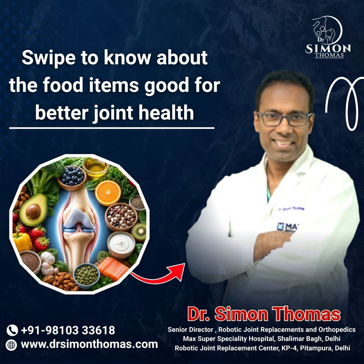 dr_simonthomas's tweet photo. Dr. Simon says: What you eat today can influence how your joints feel tomorrow.

A nutrient-rich diet can help support joint function, mobility, and long-term bone health. Small healthy choices every day can make a lasting difference.

#JointHealth #BoneHealth #DrSimon https://t.co/lYQ8JfahTC