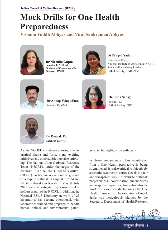 NIOH_Nagpur's tweet photo. @hellopragya22 &amp; @patildeepak8 @NIOH_Nagpur
with fellow #ICMR Scientists, contribute to the latest #VigyanDhara edition by @PrinSciAdvOff, showcasing Mock Drills for #OneHealth Preparedness as a key tool for building resilience. 
📖Read: https://t.co/qLaExVBCsc #NOHM
@ICMRDELHI https://t.co/aehe3kmIJT