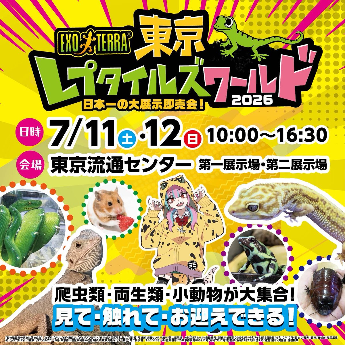 tourepjp's tweet photo. ◤世界の爬虫類大集合！◢
日本最大級のいきものイベントが東京で開催🦎

全国の爬虫類・両生類・小動物専門ショップが東京に大集合！
気に入った生きものをみて、ふれて、おむかえできます🐍
君だけの相棒を見つけよう！

📅7月11日(土)、12日(日)
📍東京流通センター