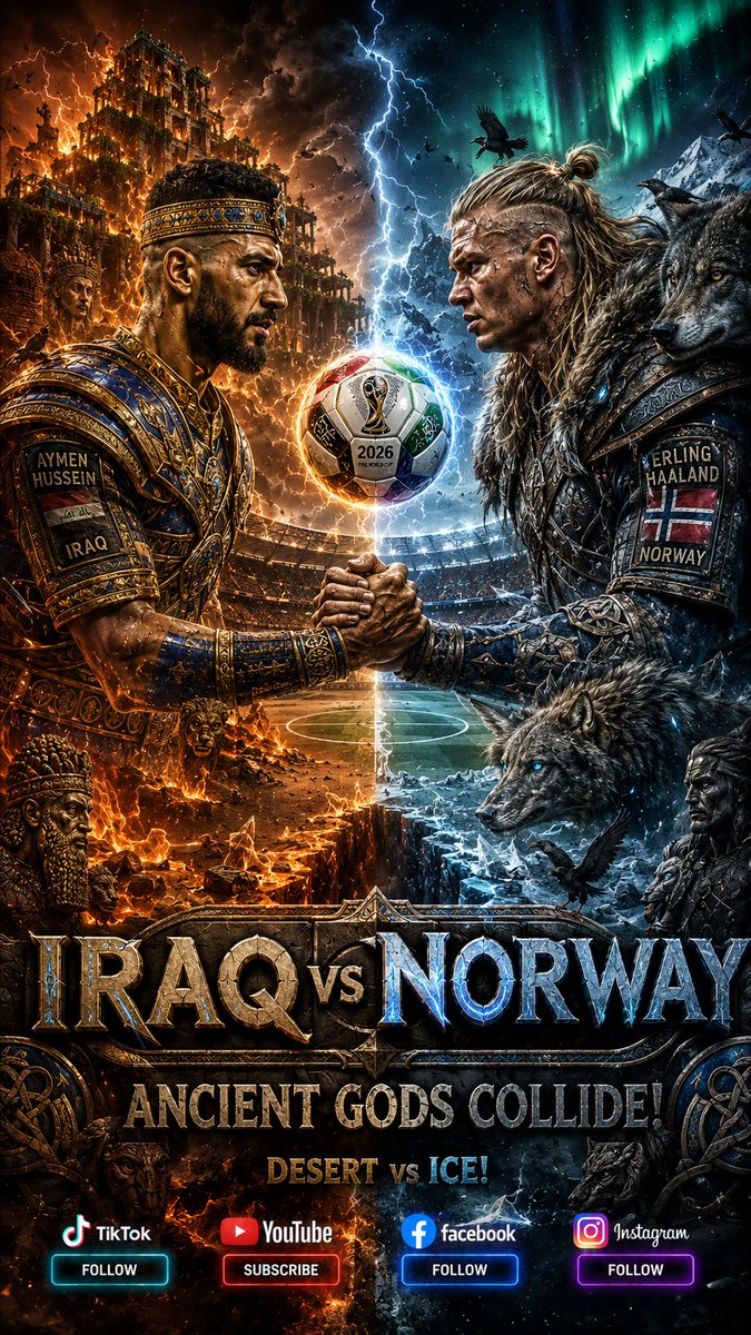 grayclasy's tweet photo. The Match 🔥🇮🇶 Iraq 1–4 Norway 🇳🇴🔥
🏆 FIFA World Cup 2026 — Group I
🏟️ Gillette Stadium, Boston
📅 June 16, 2026

━━━━━━━━━━━━━━━━━━━
🔥❄️ A massive emotional showdown is coming! 🇮🇶 🇳🇴 #IRQvNOR #LionsOfMesopotamia #VikingPower #WorldCup2026 #FIFAWorldCup https://t.co/7HAcj5OIKp