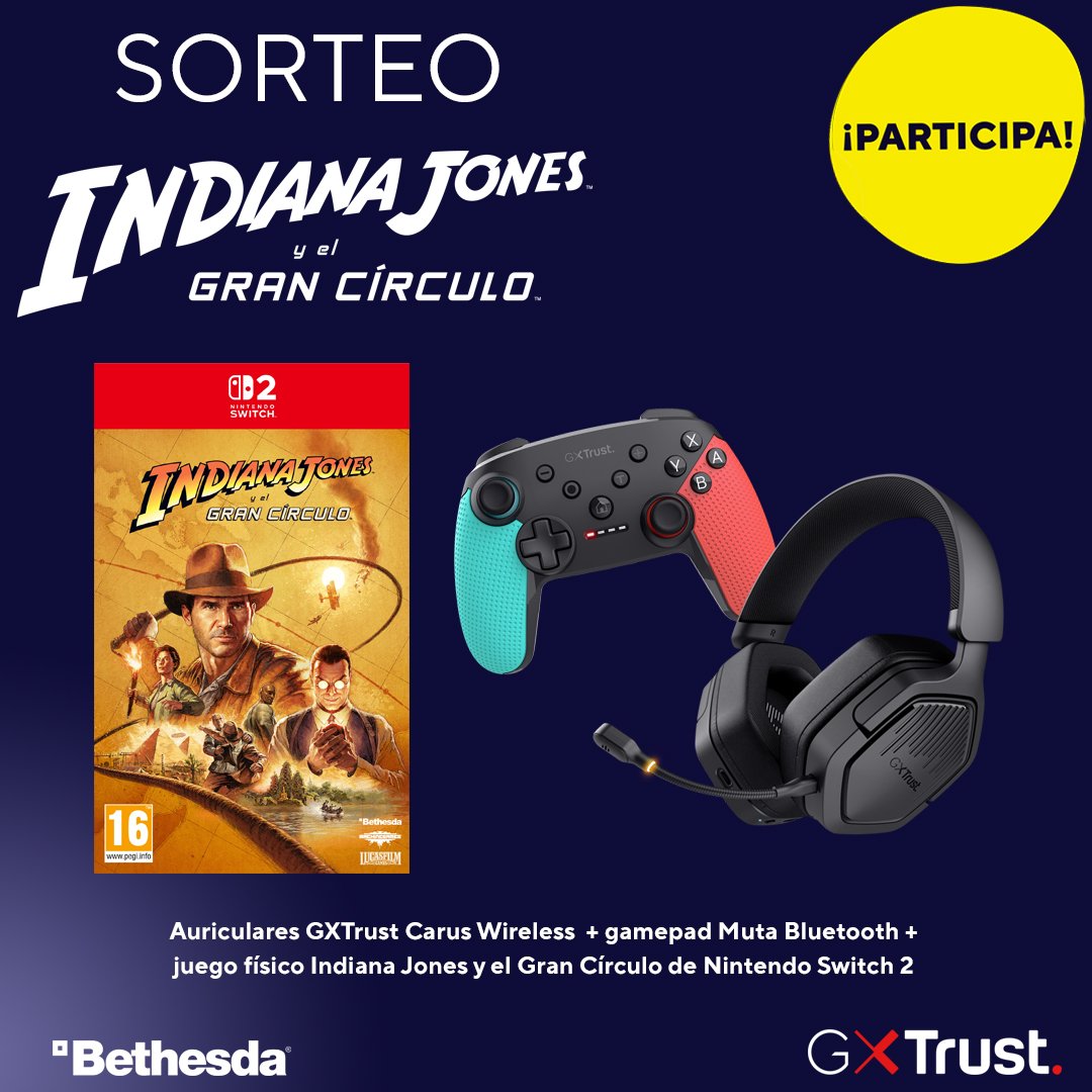 Trust_Spain's tweet photo. 🎮✨ #SORTEO | Indiana Jones y el Gran Círculo llega a #NintendoSwitch2 ✨🎮

¡Participa y llévate un increíble pack #GXTrust + el juego físico de Indiana Jones y el Gran Círculo! 🎁🔥

👉 Requisitos:
✅ Sigue a @Trust_Spain y @bethesda_ESP 
🔄 RT este post
👥 Menciona a 2 amigos

📜 Bases legales:
📍 Válido para Península y Baleares
📅 Finaliza el 30/06/2026
🌐 Sorteo multired: también puedes participar en Instagram https://t.co/PDucCi1LxE