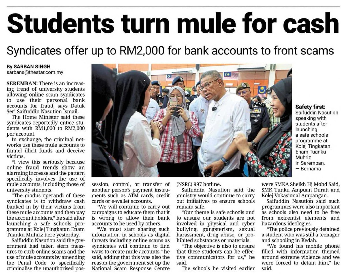 PDRMsia's tweet photo. #BeSmartStayAlert
#LetsFightScammerTogether

KERATAN AKHBAR PILIHAN: STUDENTS TURN MULE FOR CASH

Read futher on The Star's article attached.

https://t.co/QwQy5CwW3j https://t.co/5SlxfFgf6G